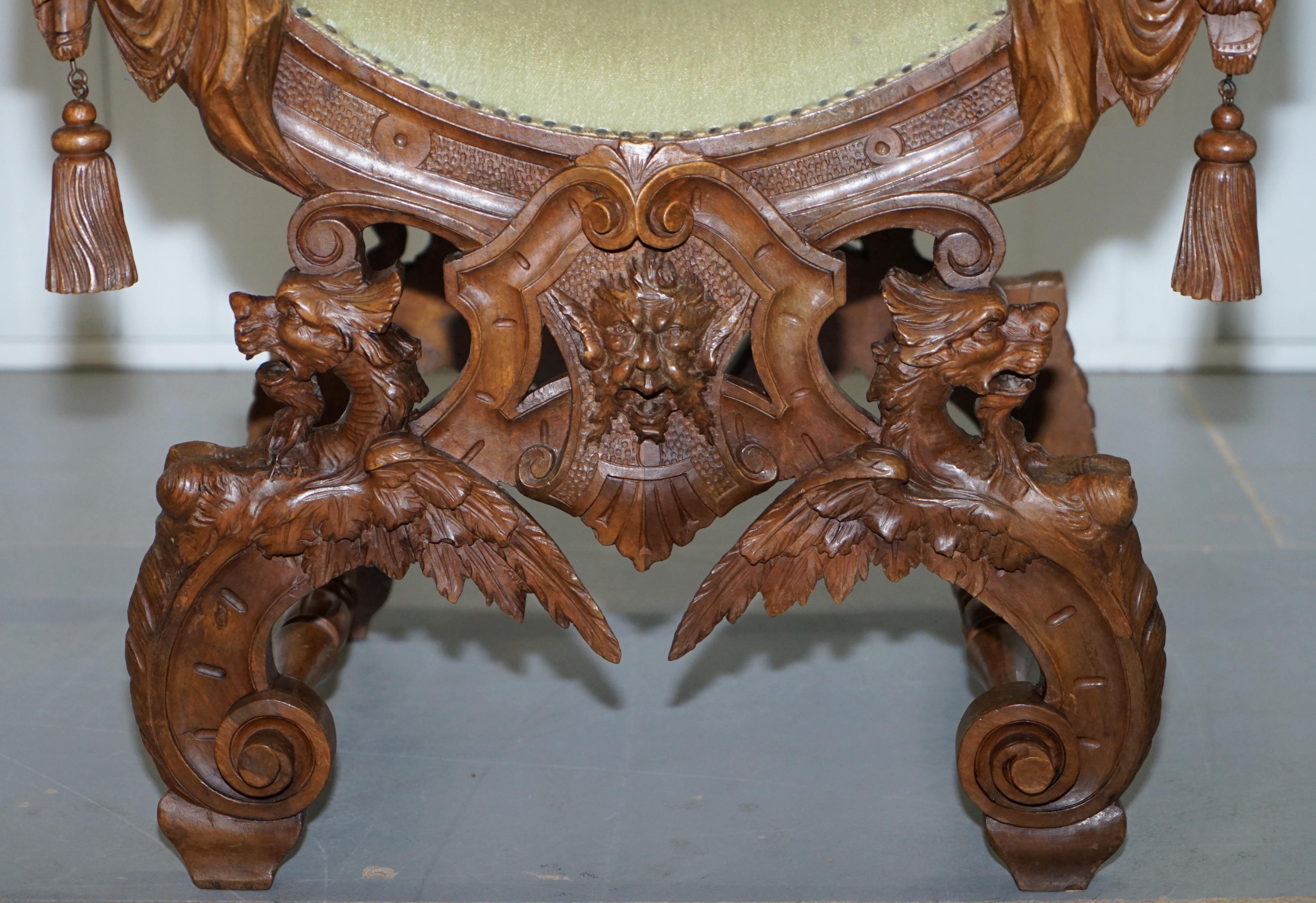 Rare Italian Renaissance Hand Carved Walnut Chair / Bench Seat Cherubs Dragons 1