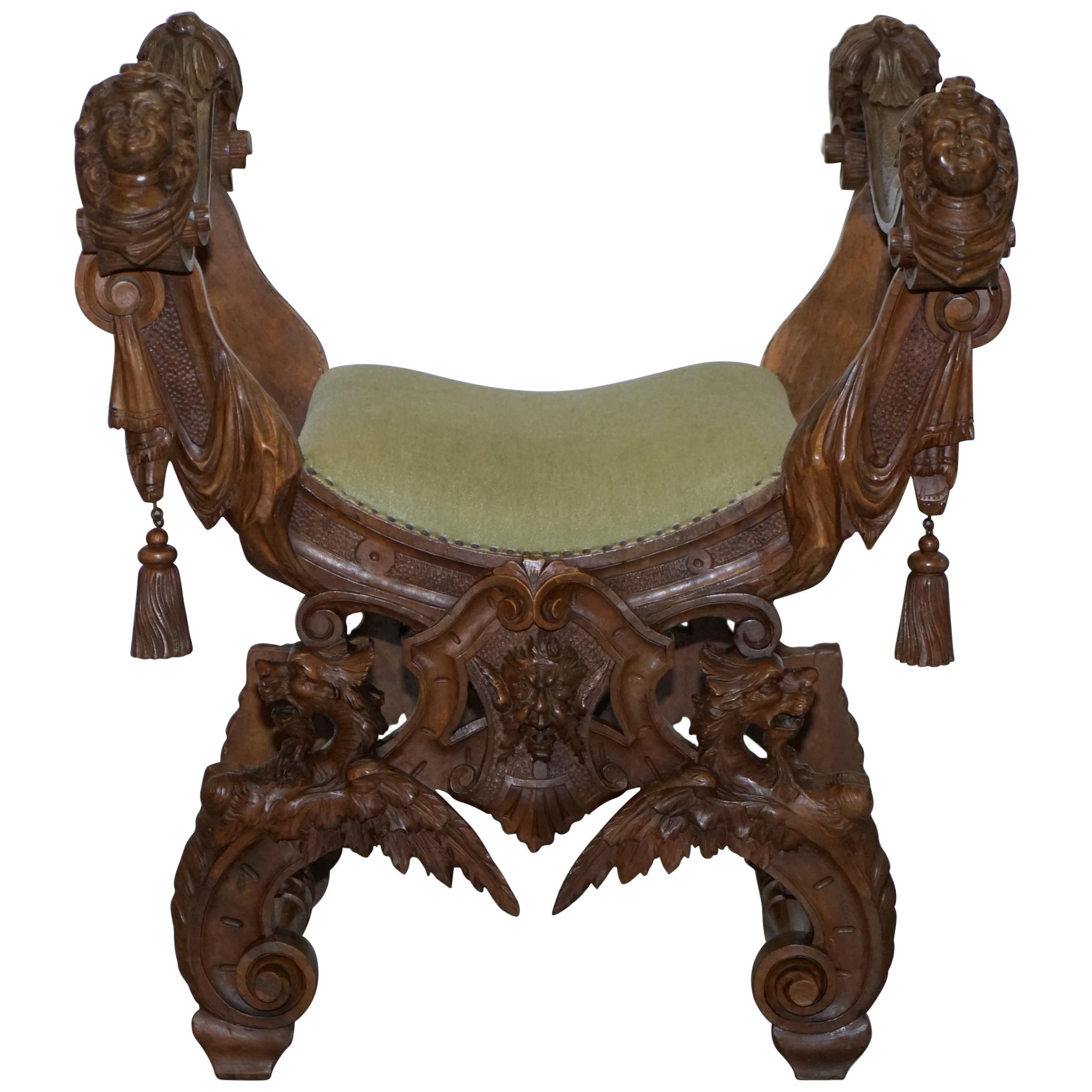 Rare Italian Renaissance Hand Carved Walnut Chair / Bench Seat Cherubs Dragons