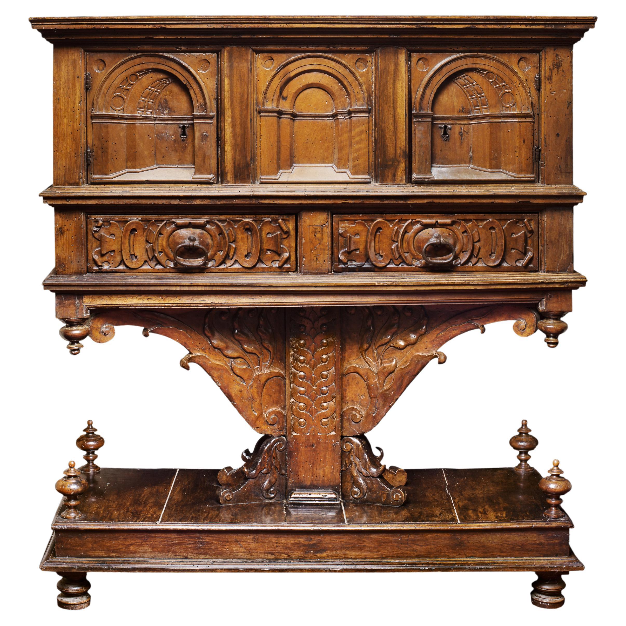 Rare Italian Renaissance Perspectives Sideboard with Fan-shaped Pedestal