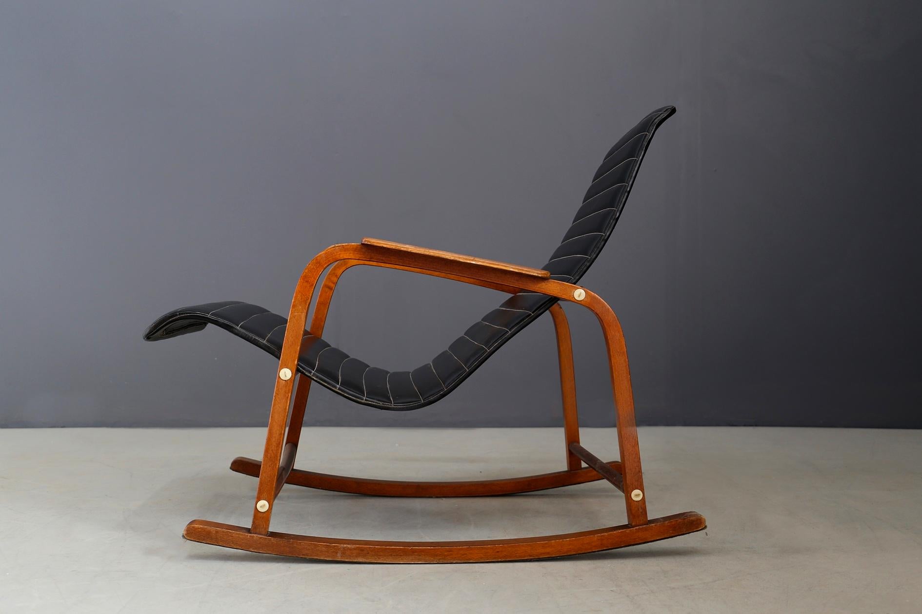 Rare Italian Rocking Chair in Black Leather from the 1950s 3