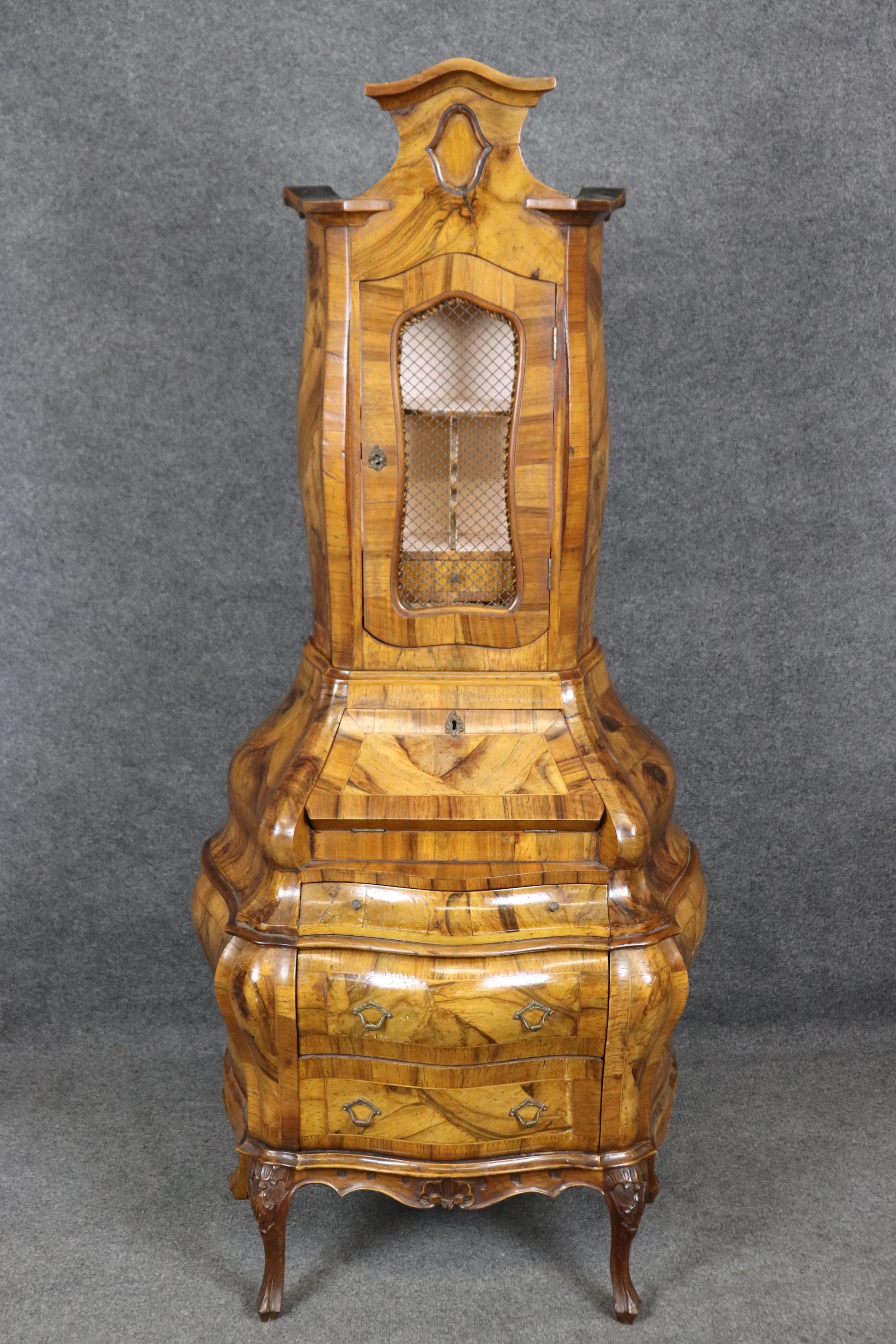 Rococo Revival Rare Italian Rococo Coke Bottle Curves Olivewood Secretary Desk Bookcase Top