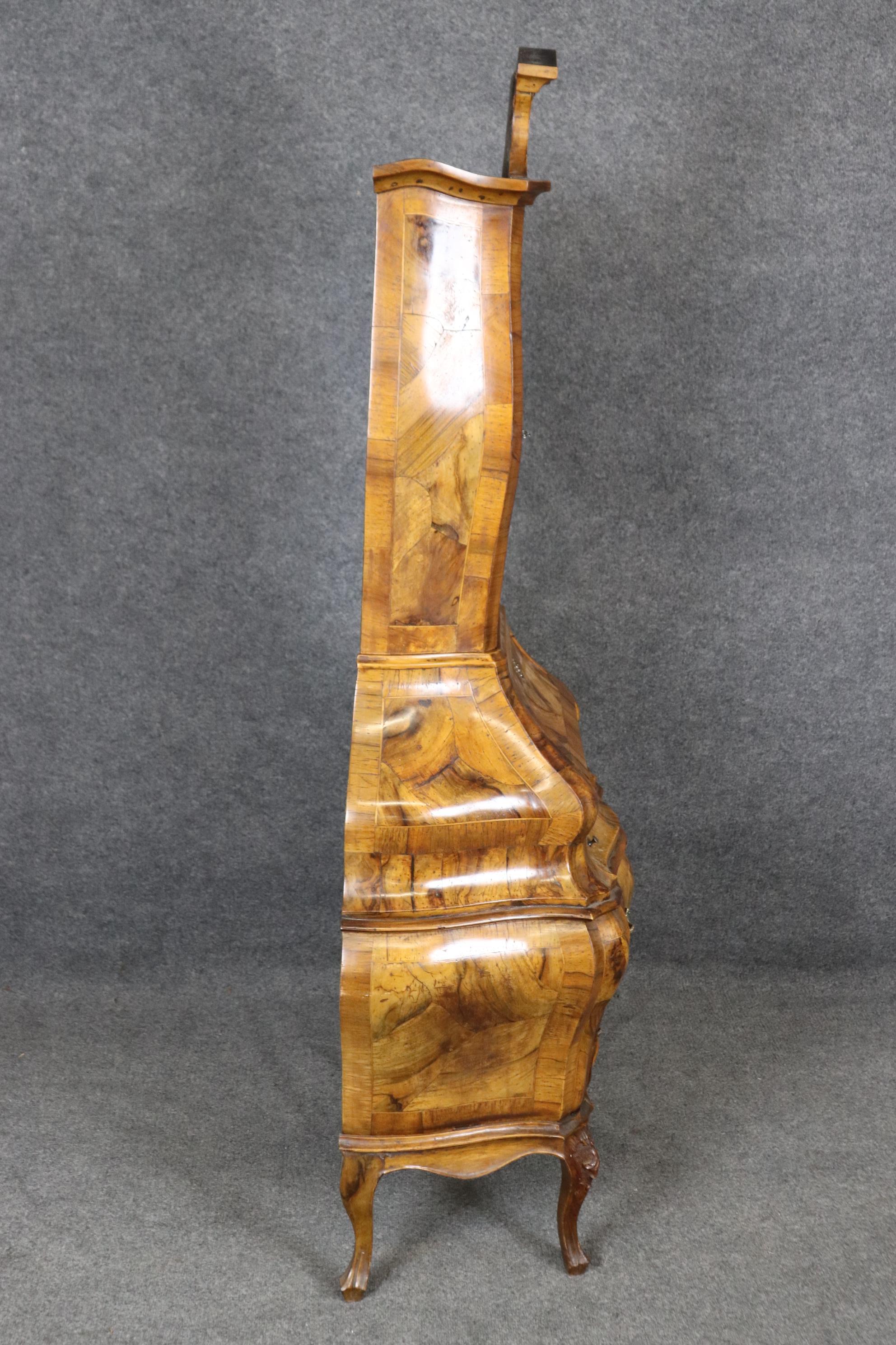 Early 20th Century Rare Italian Rococo Coke Bottle Curves Olivewood Secretary Desk Bookcase Top