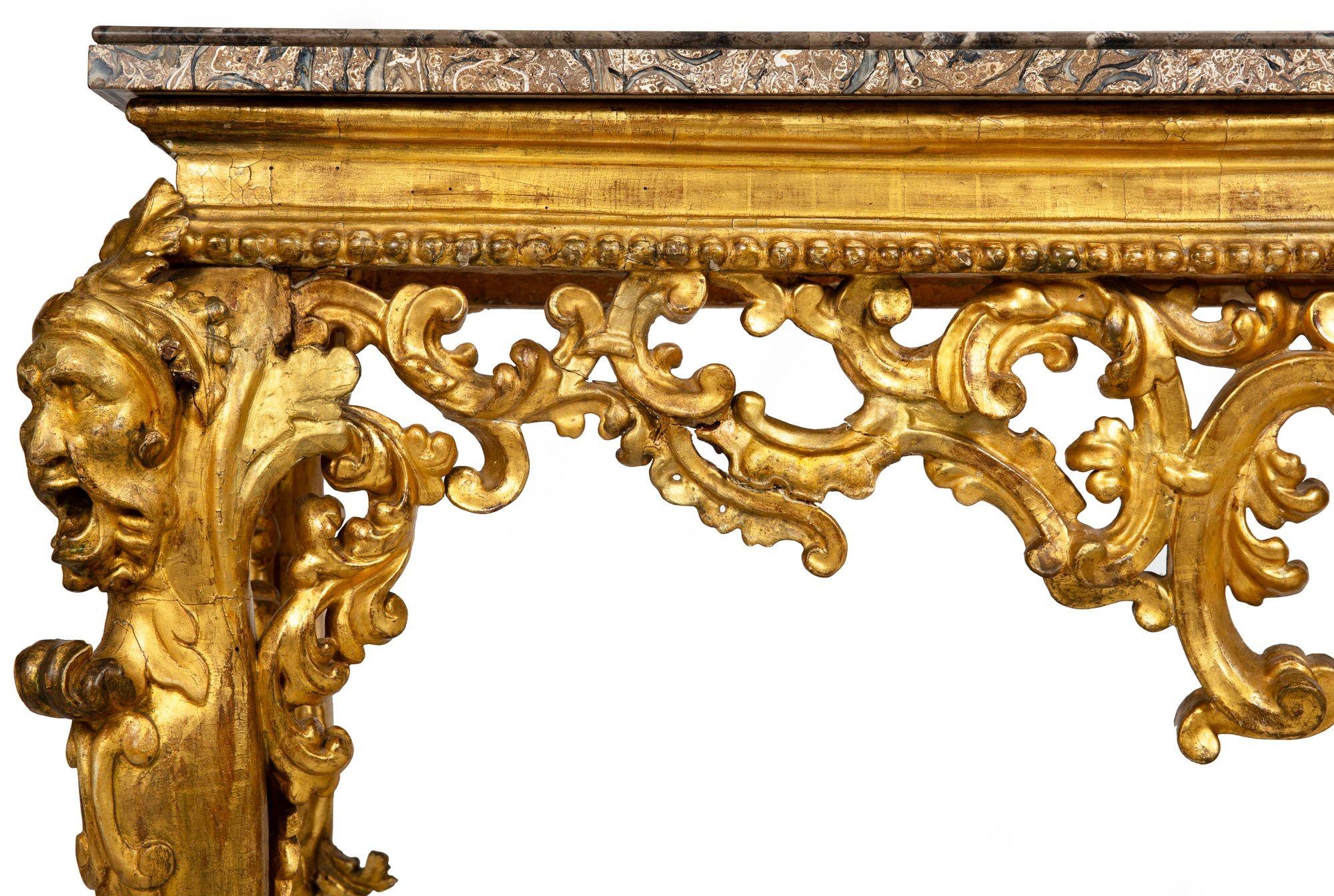 Rare Italian Rococo Giltwood Fossilized Marble Console Table ca. 1750 For Sale 5
