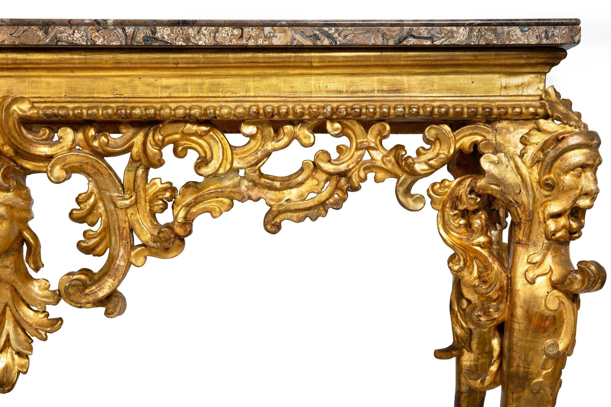 Rare Italian Rococo Giltwood Fossilized Marble Console Table ca. 1750 For Sale 6