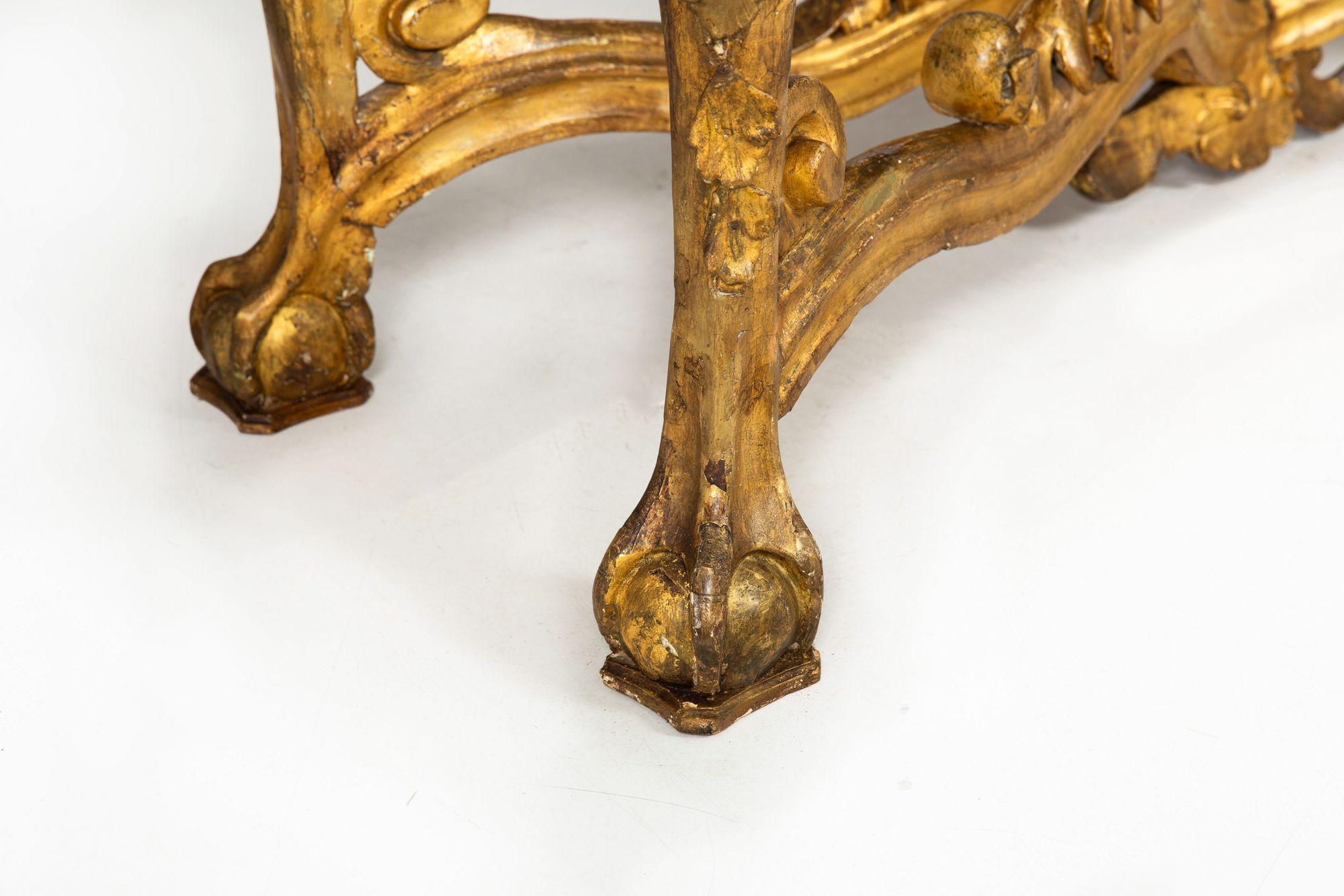 Rare Italian Rococo Giltwood Fossilized Marble Console Table ca. 1750 For Sale 8