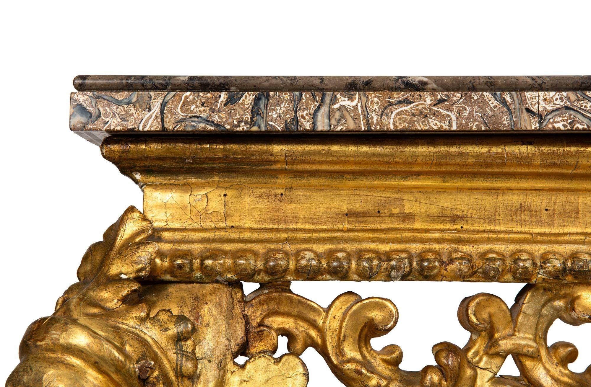 Rare Italian Rococo Giltwood Fossilized Marble Console Table ca. 1750 For Sale 10
