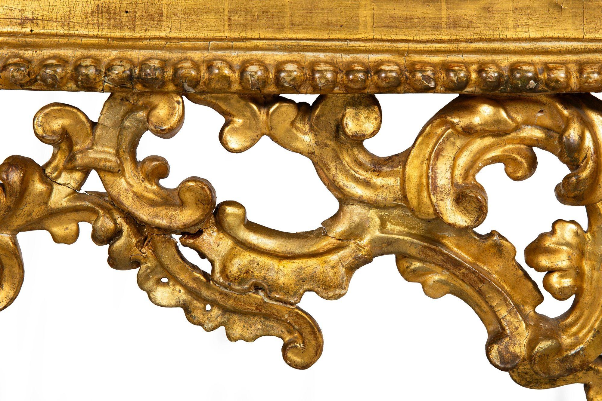 Rare Italian Rococo Giltwood Fossilized Marble Console Table ca. 1750 For Sale 11