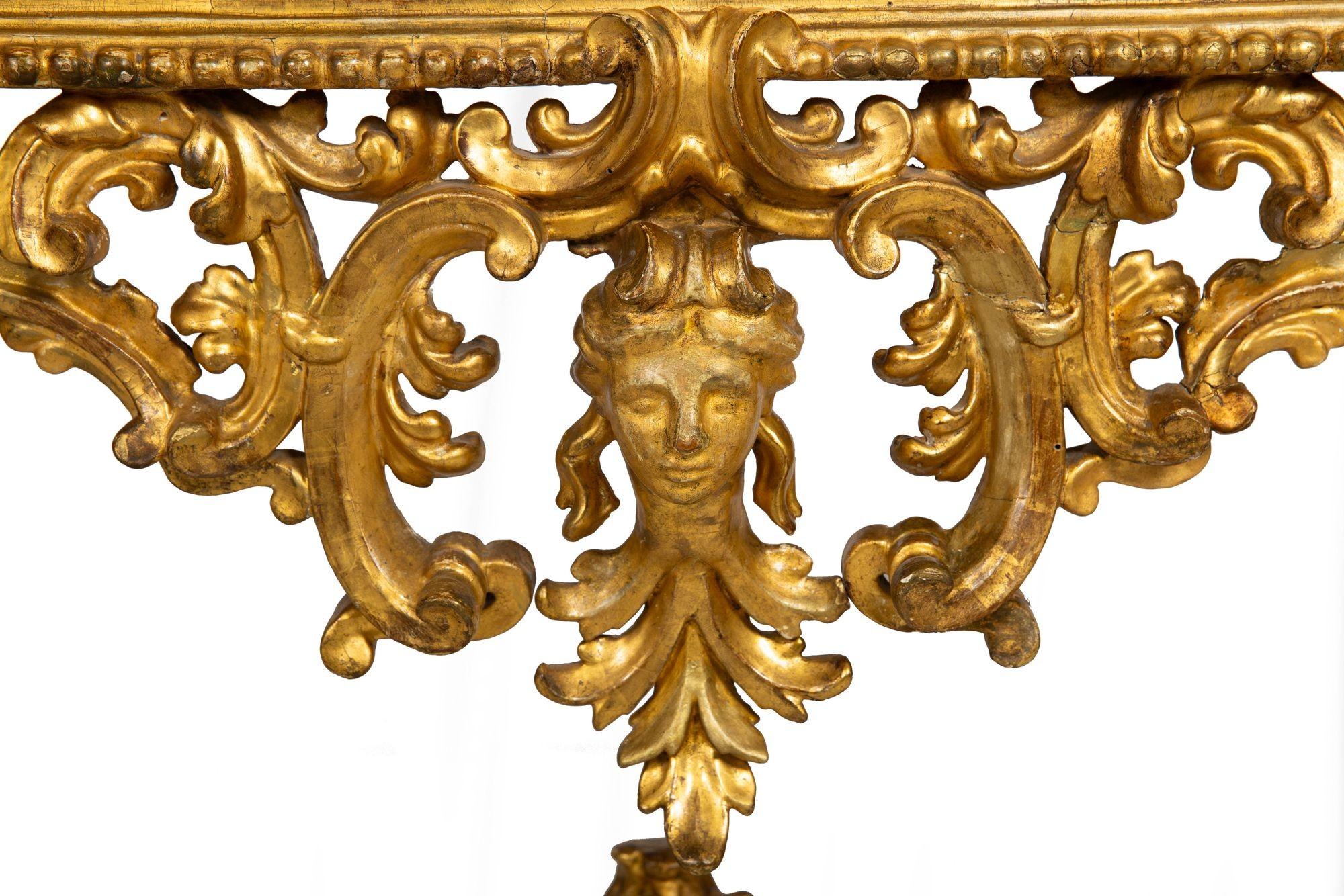 Rare Italian Rococo Giltwood Fossilized Marble Console Table ca. 1750 For Sale 12