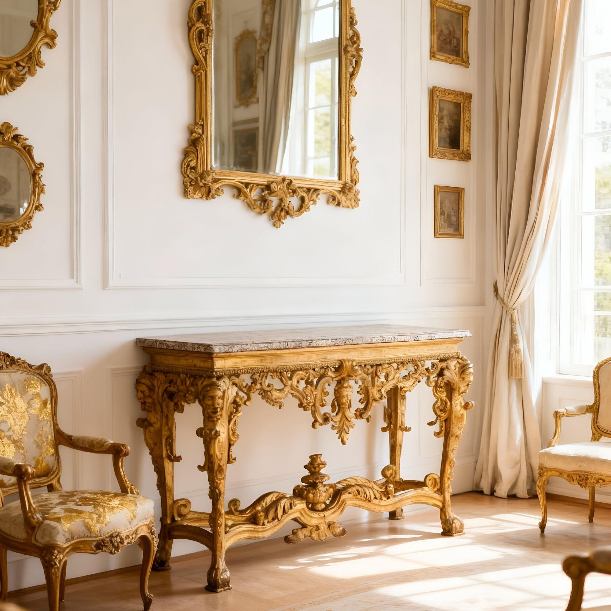 ITALIAN ROCOCO CARVED AND GILTWOOD CONSOLE TABLE DEPICTING THE AMERICAS

Probably Rome, circa 1750  with later fossilized stone top

39 3/8