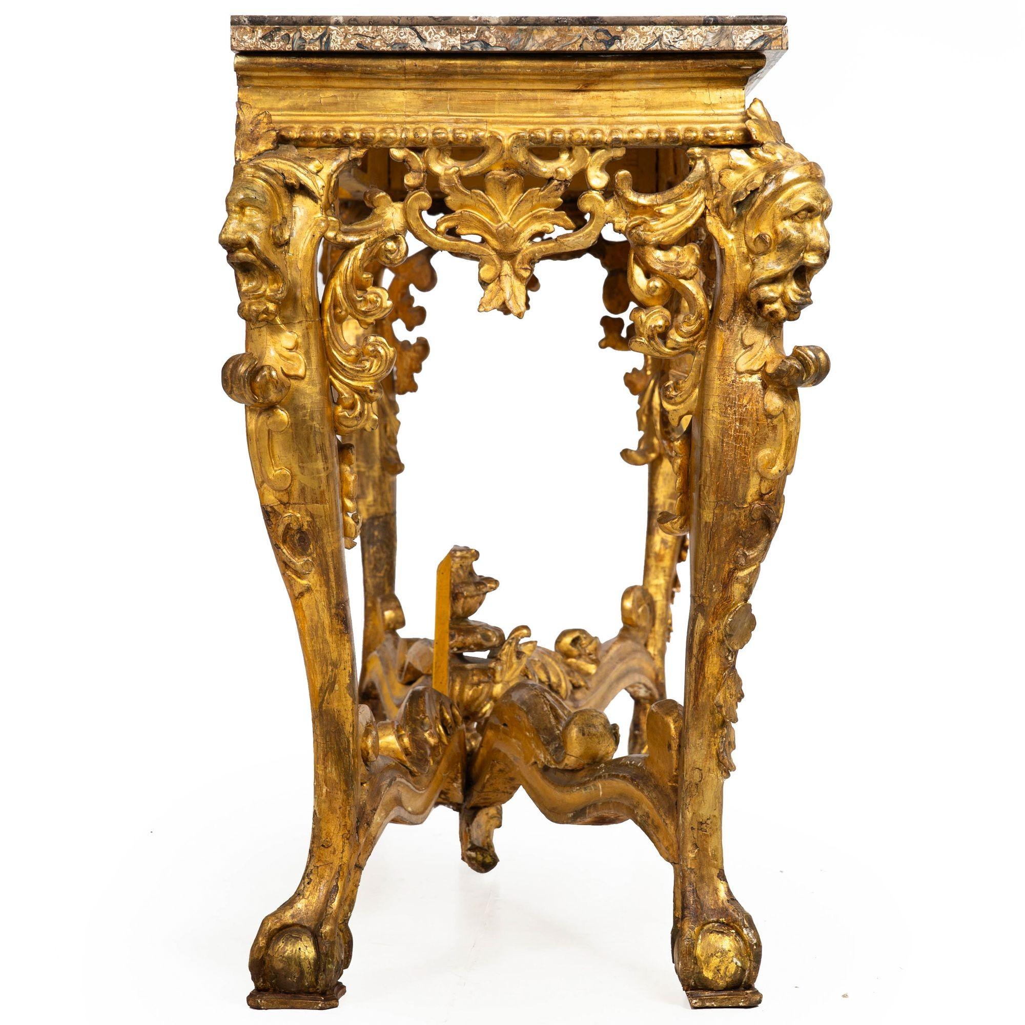 Rare Italian Rococo Giltwood Fossilized Marble Console Table ca. 1750 In Good Condition For Sale In Shippensburg, PA