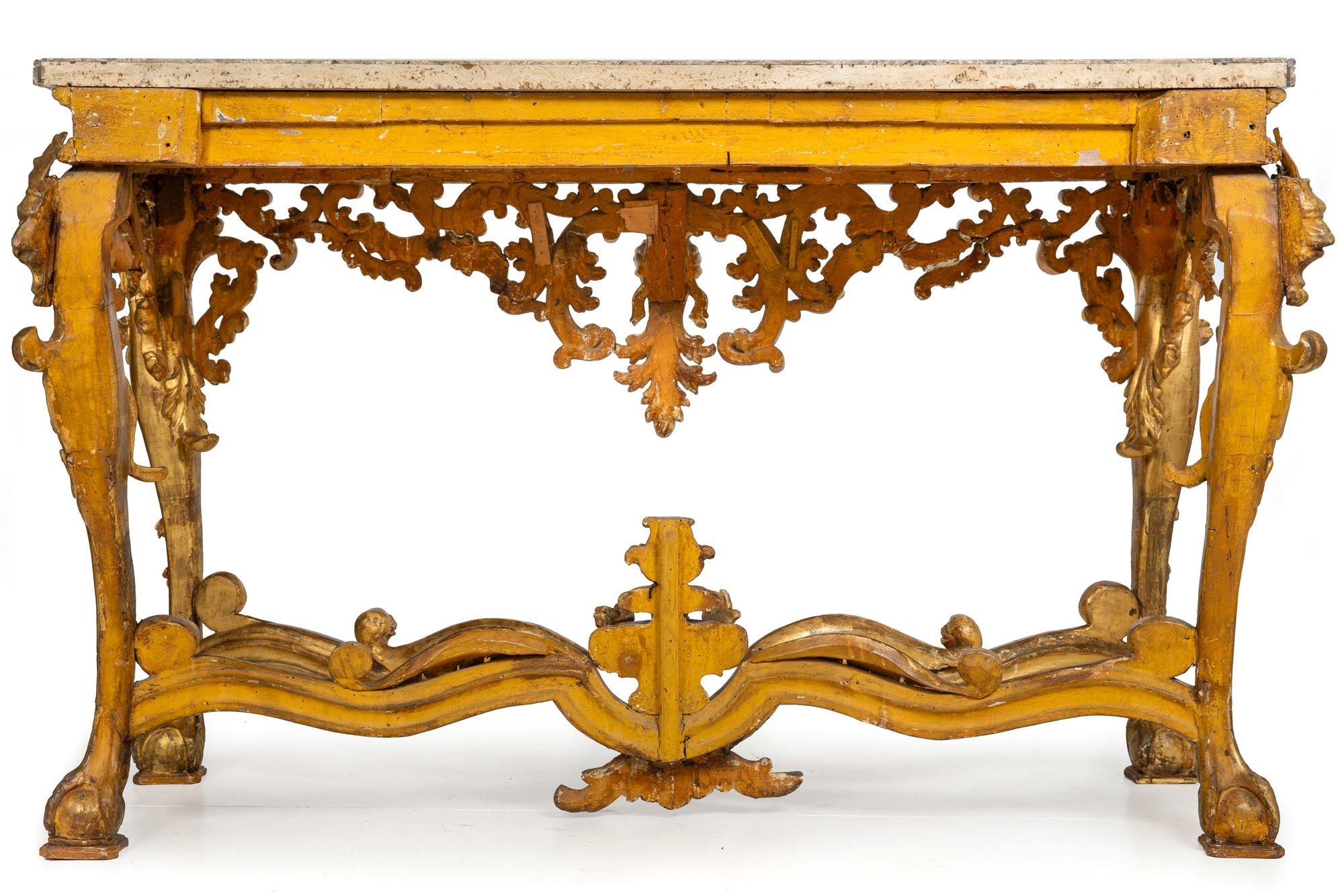 18th Century and Earlier Rare Italian Rococo Giltwood Fossilized Marble Console Table ca. 1750 For Sale