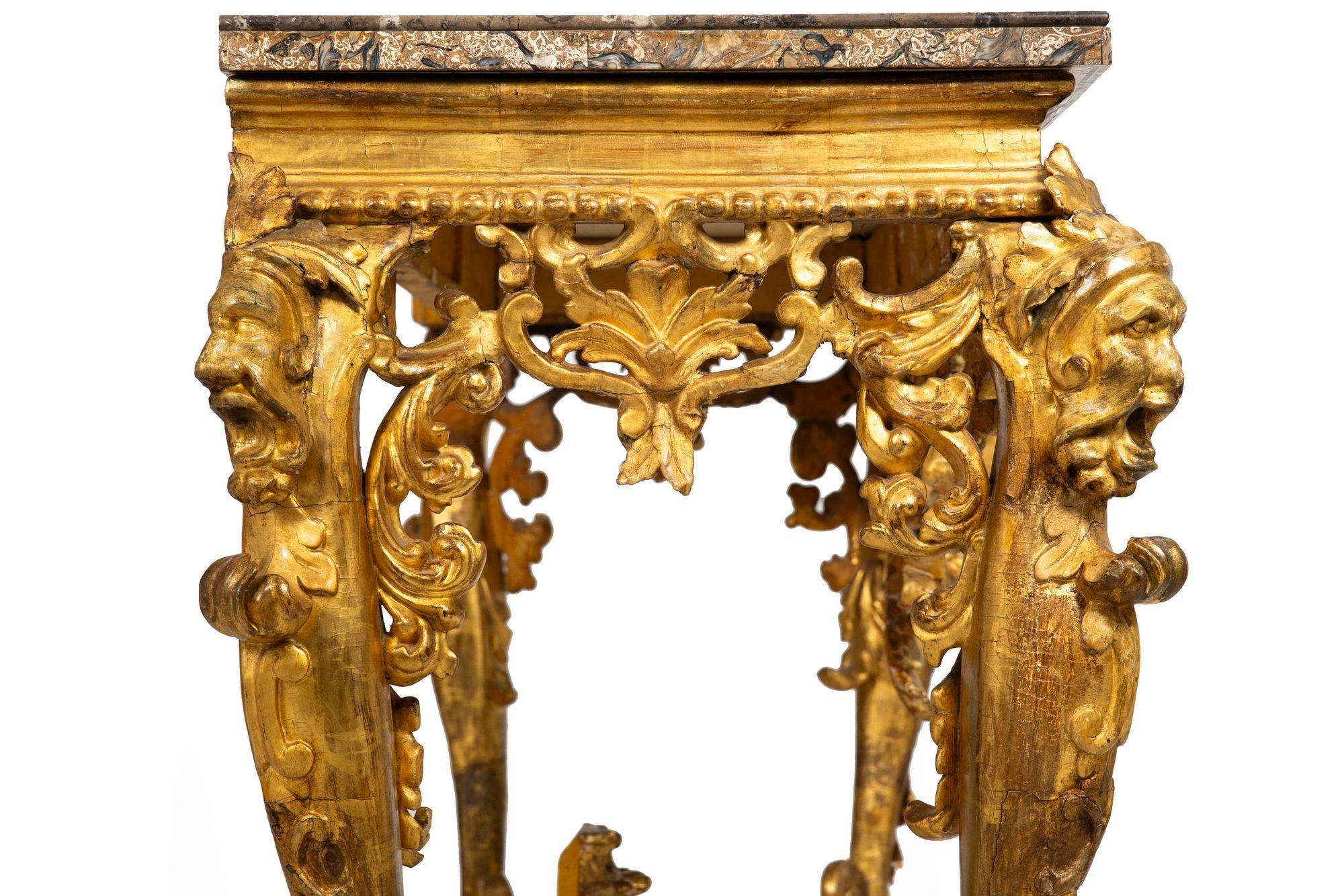 Rare Italian Rococo Giltwood Fossilized Marble Console Table ca. 1750 For Sale 1