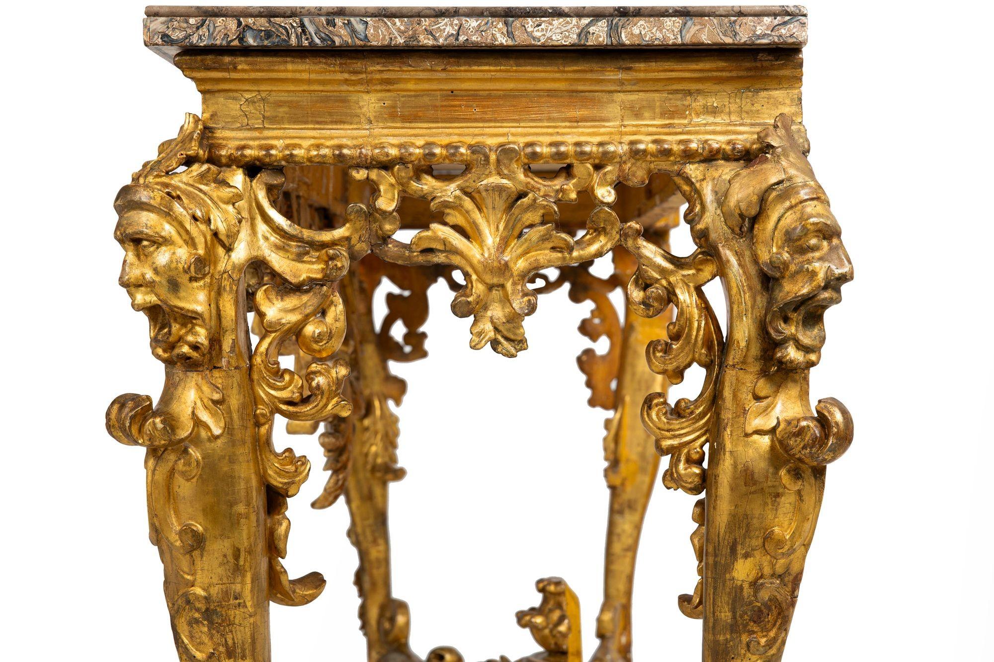 Rare Italian Rococo Giltwood Fossilized Marble Console Table ca. 1750 For Sale 2
