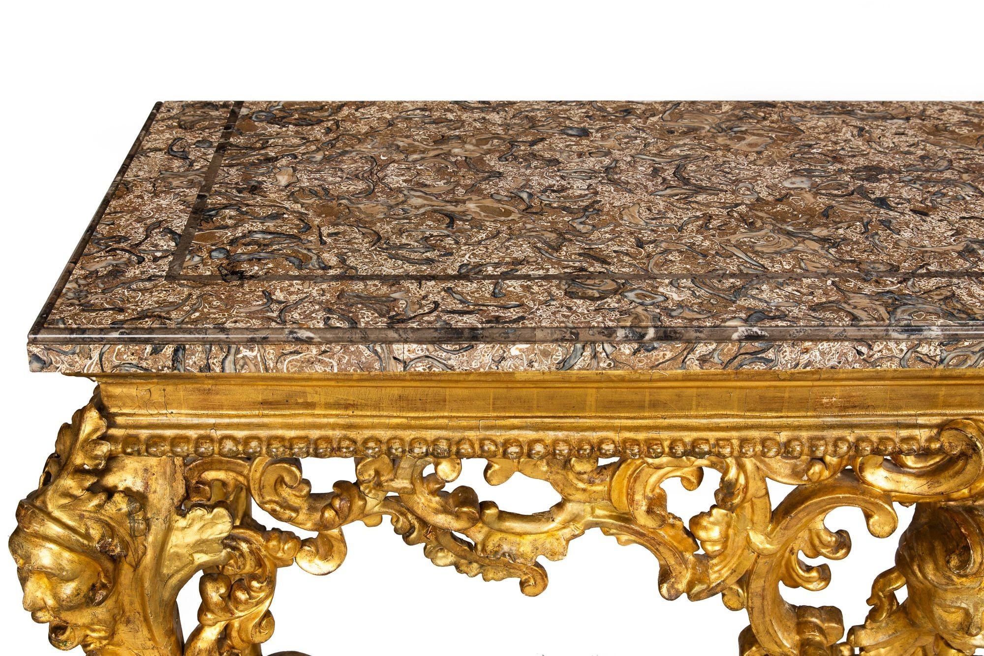 Rare Italian Rococo Giltwood Fossilized Marble Console Table ca. 1750 For Sale 3