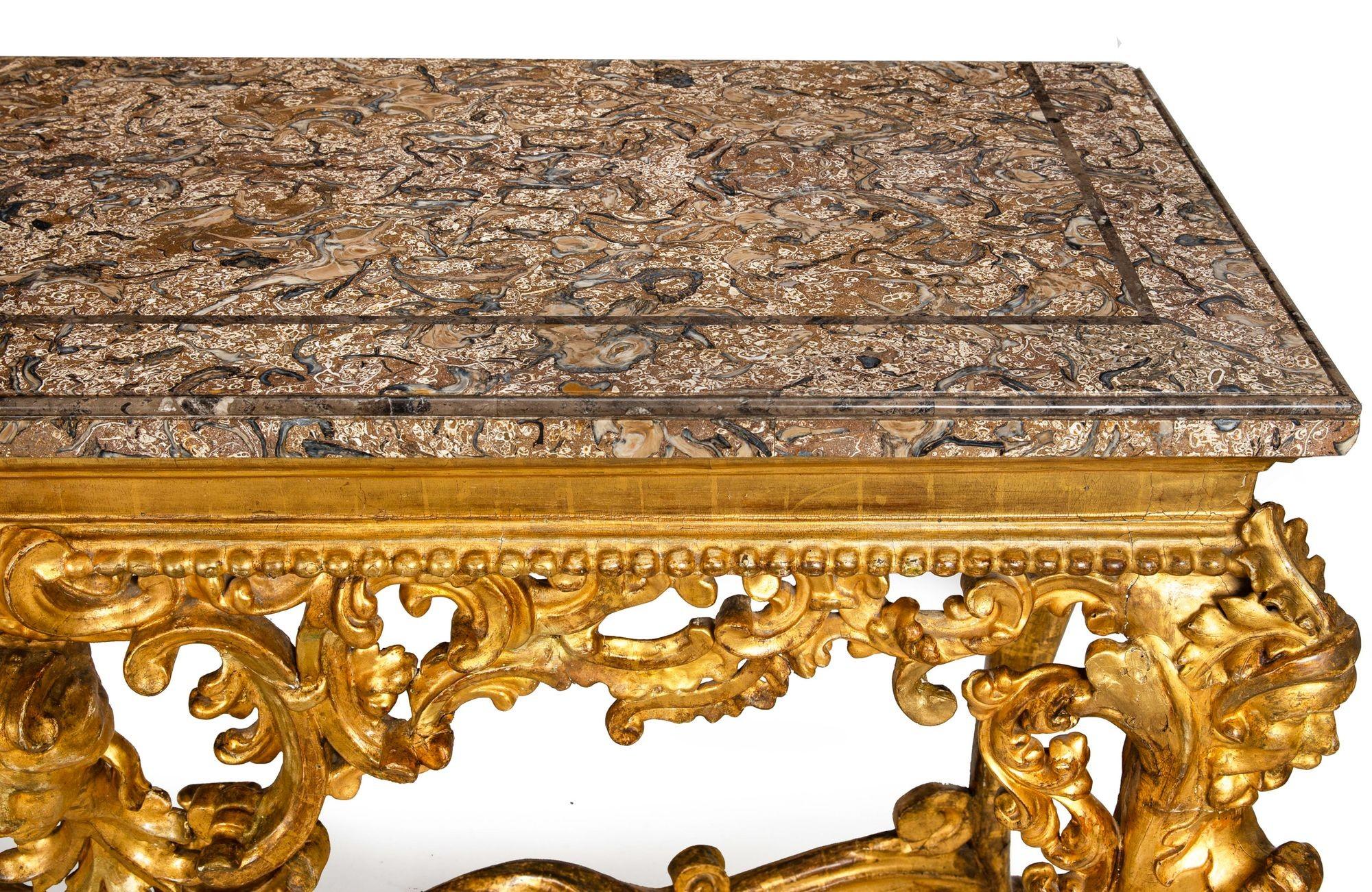 Rare Italian Rococo Giltwood Fossilized Marble Console Table ca. 1750 For Sale 4