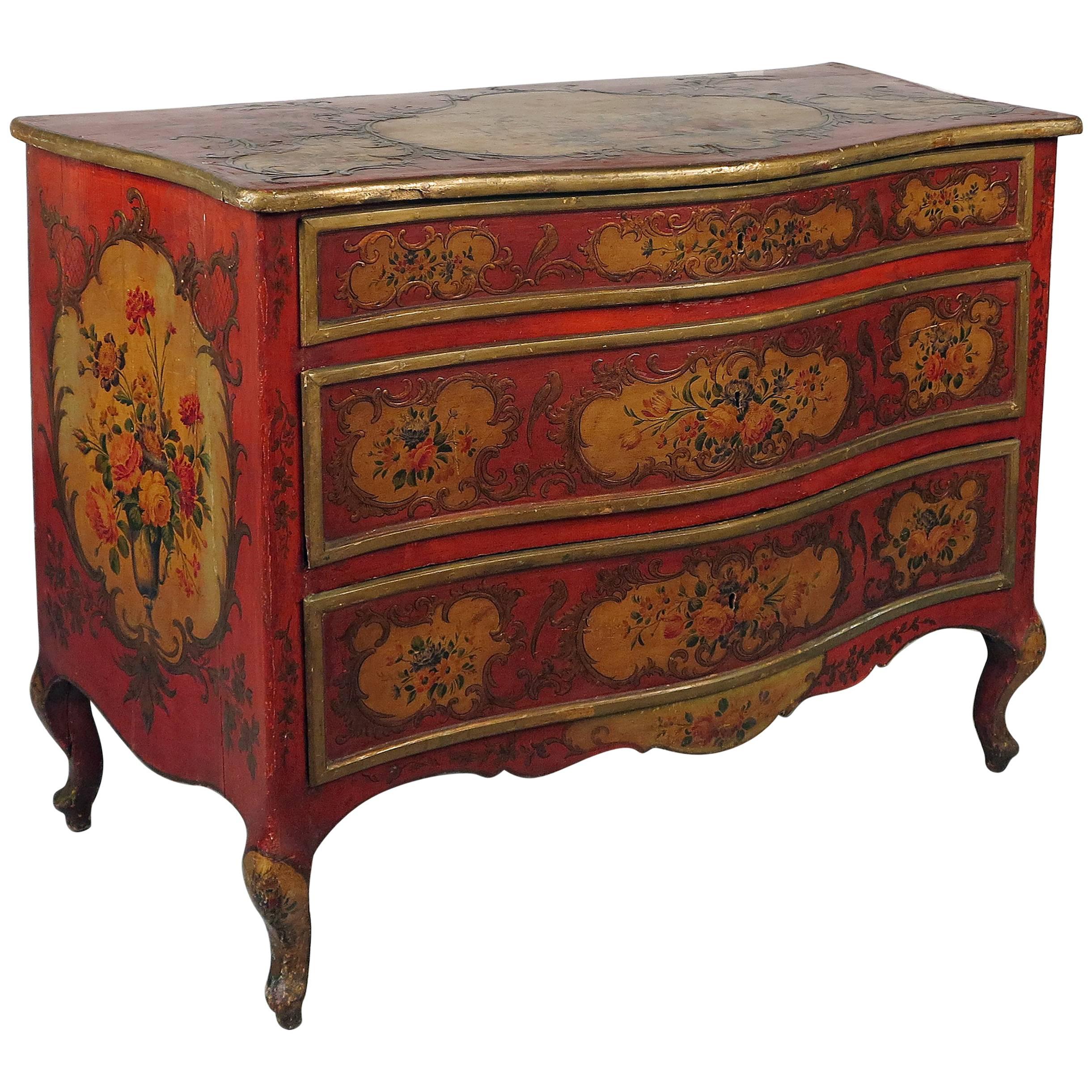 Rare commode italienne de style rococo en écarlate rouge sicilienne et polychrome