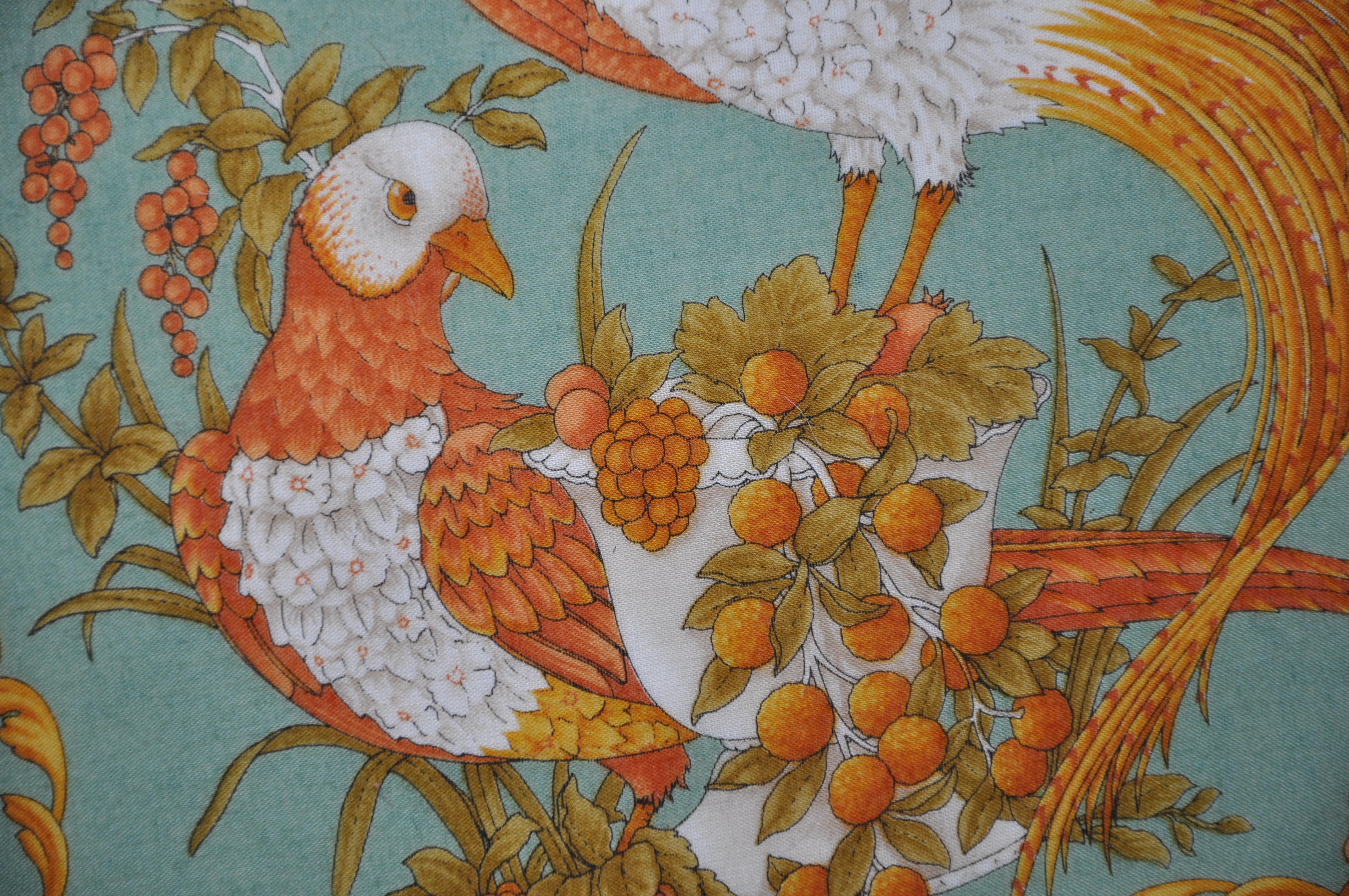 Hand-Crafted Rare Italian Vintage Salvatore Ferragamo Birds Scarf Pillow Irish Linen Back For Sale