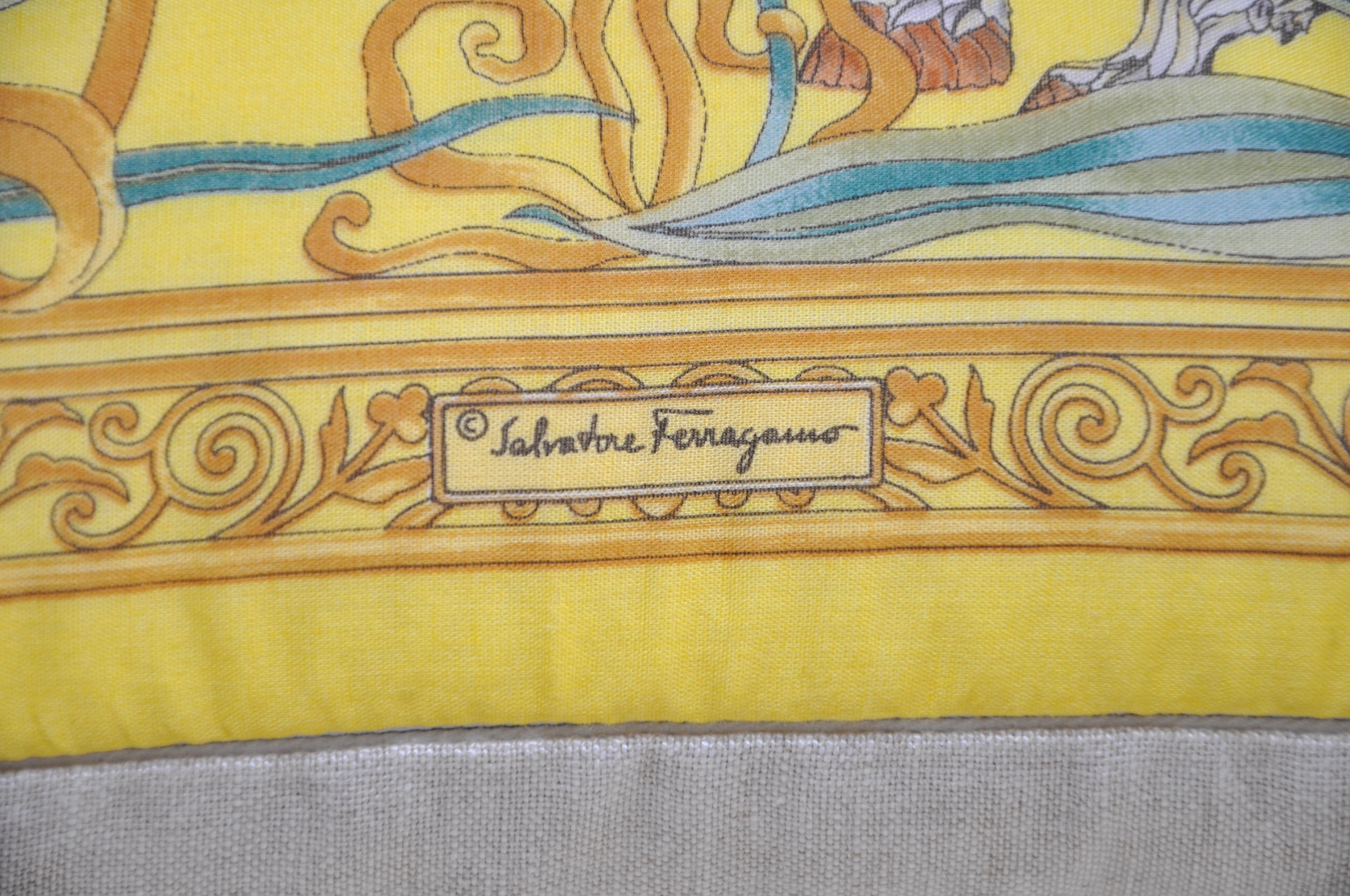 Title:
Rare Italian Vintage Salvatore Ferragamo scarf backed in pure Irish Linen cushion yellow gold teal blue

Description:
Katie Larmour Studio is the original vintage scarf pillow maker. Gaining notability for her unique idea and creations back