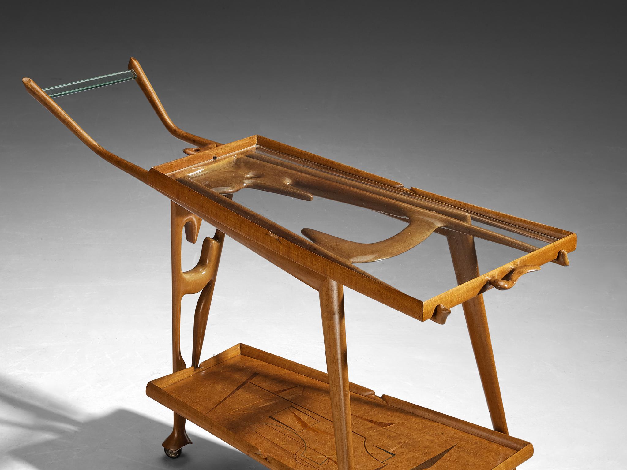 Raro carrello bar scultoreo di Ivo Maretti in noce e vetro cristallo in vendita 3