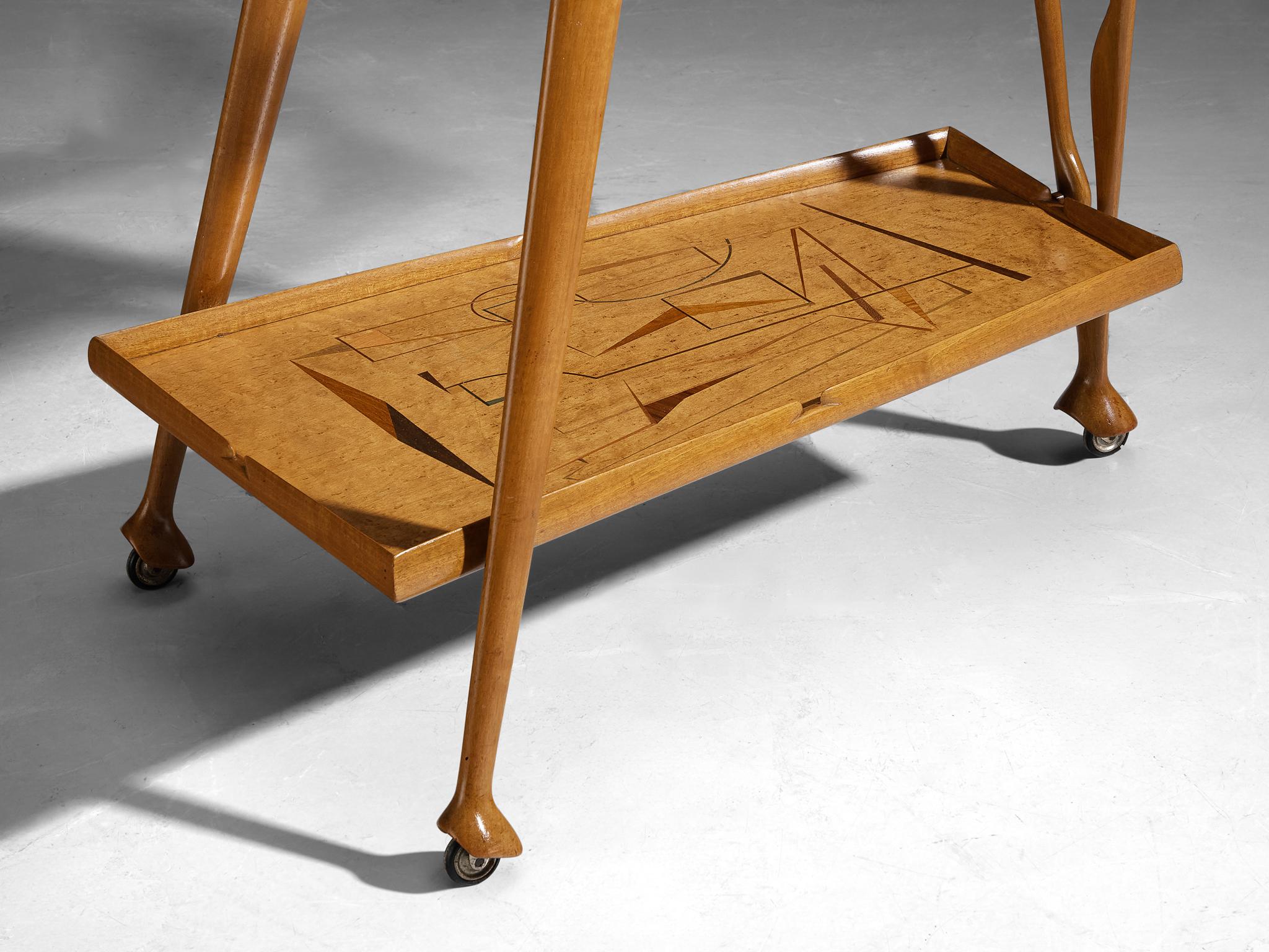 Mid-Century moderno Raro carrello bar scultoreo di Ivo Maretti in noce e vetro cristallo in vendita