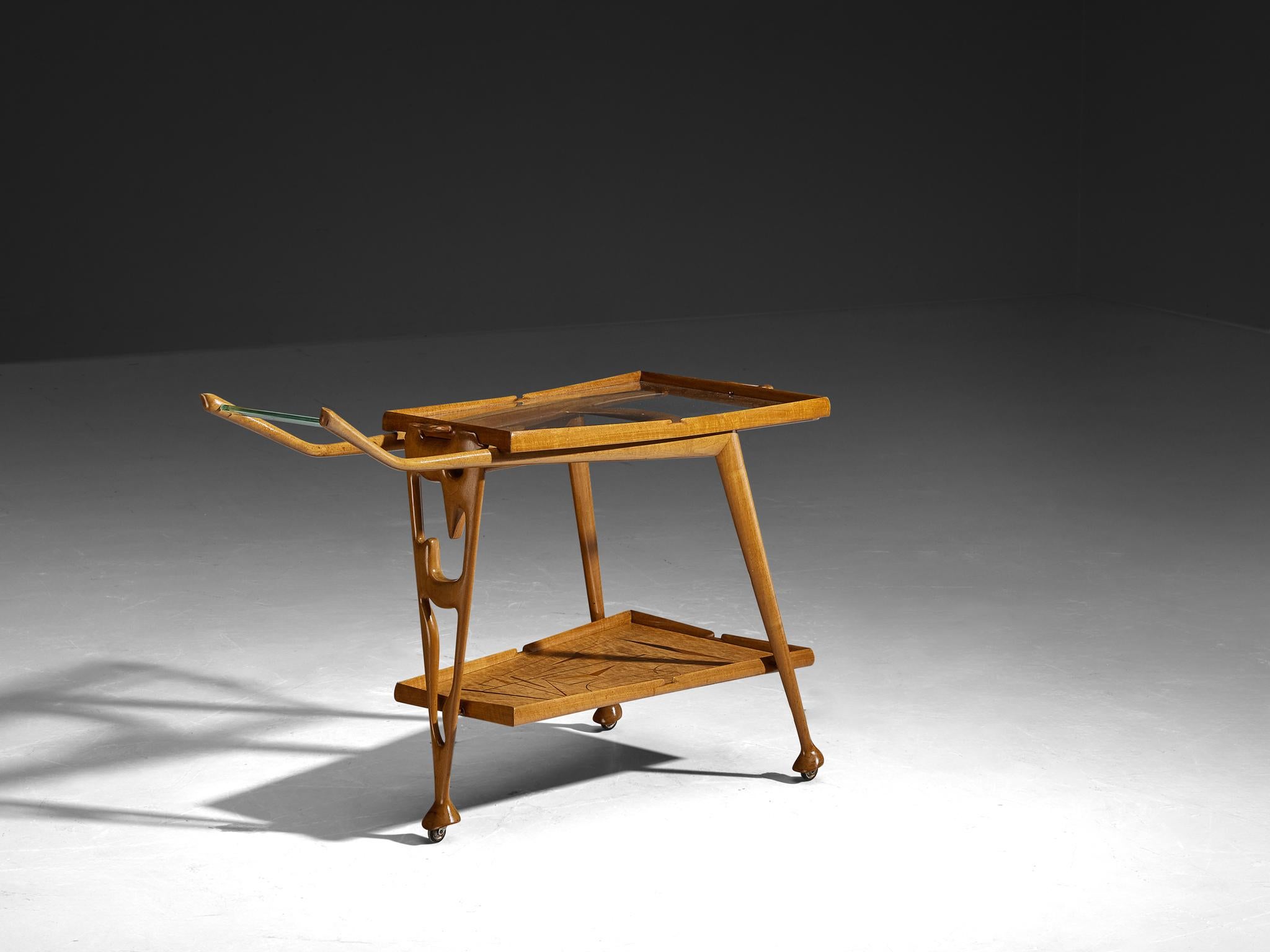 Italiano Raro carrello bar scultoreo di Ivo Maretti in noce e vetro cristallo in vendita