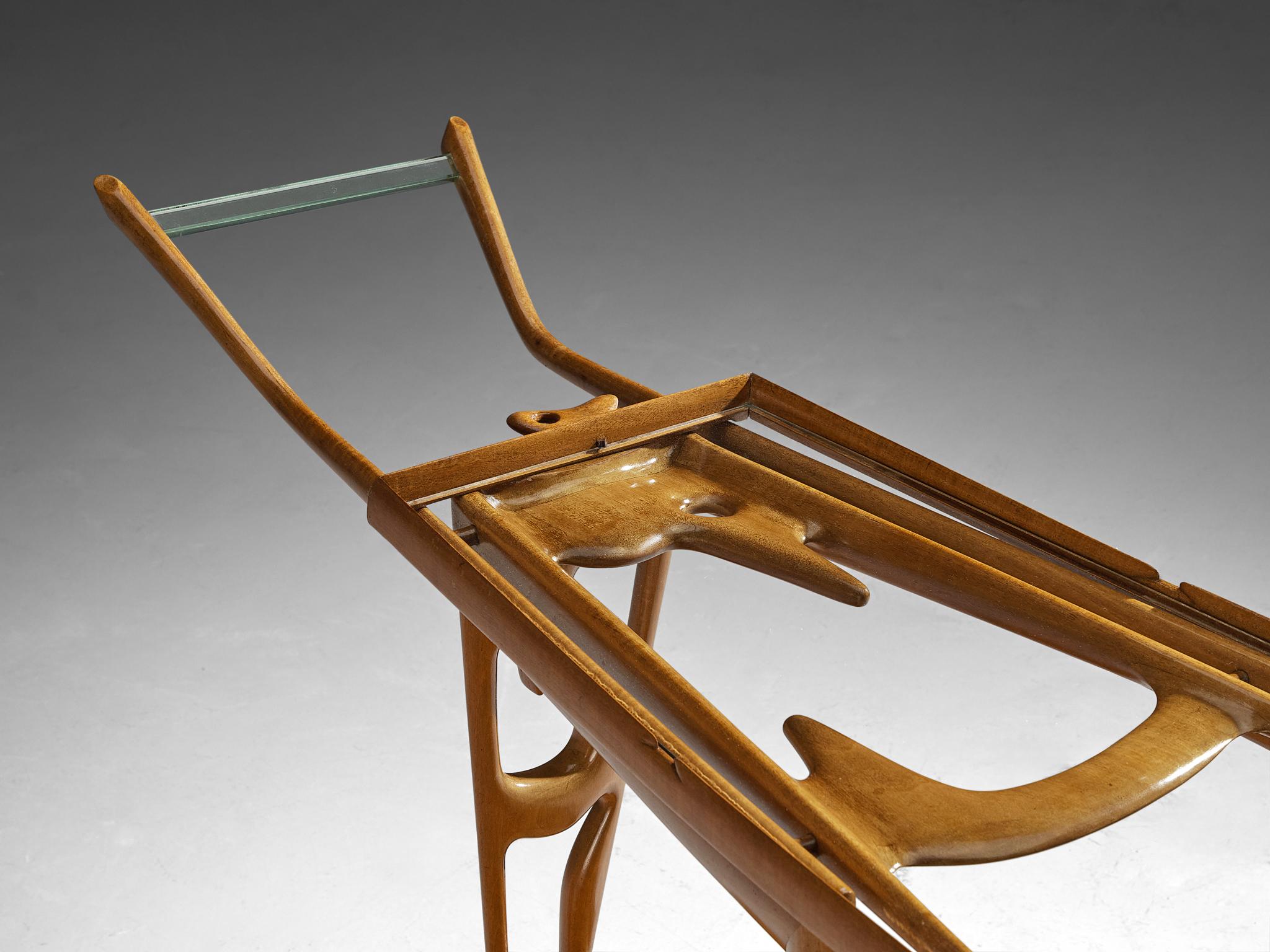 Cristallo Raro carrello bar scultoreo di Ivo Maretti in noce e vetro cristallo in vendita