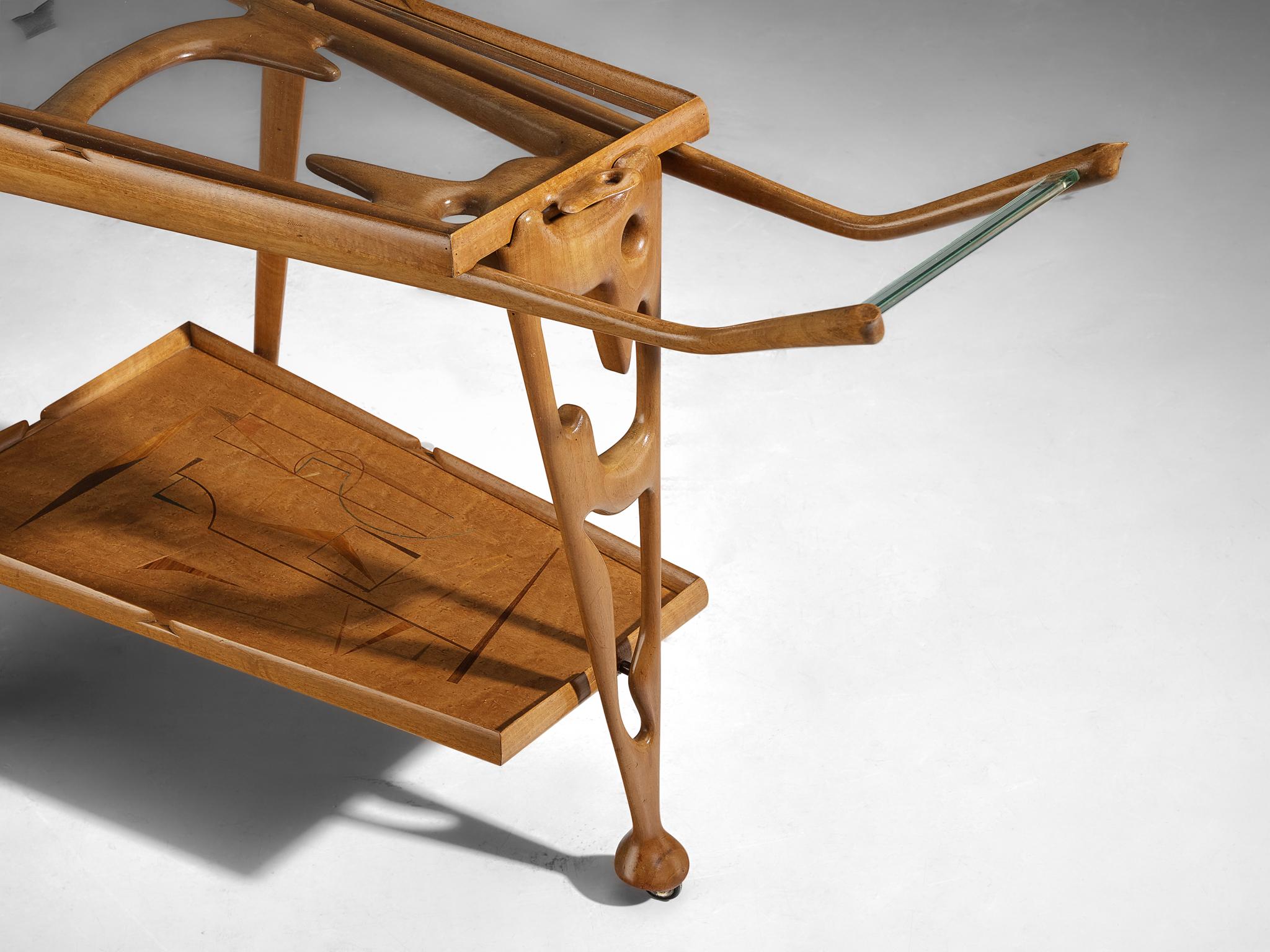 Raro carrello bar scultoreo di Ivo Maretti in noce e vetro cristallo in vendita 1