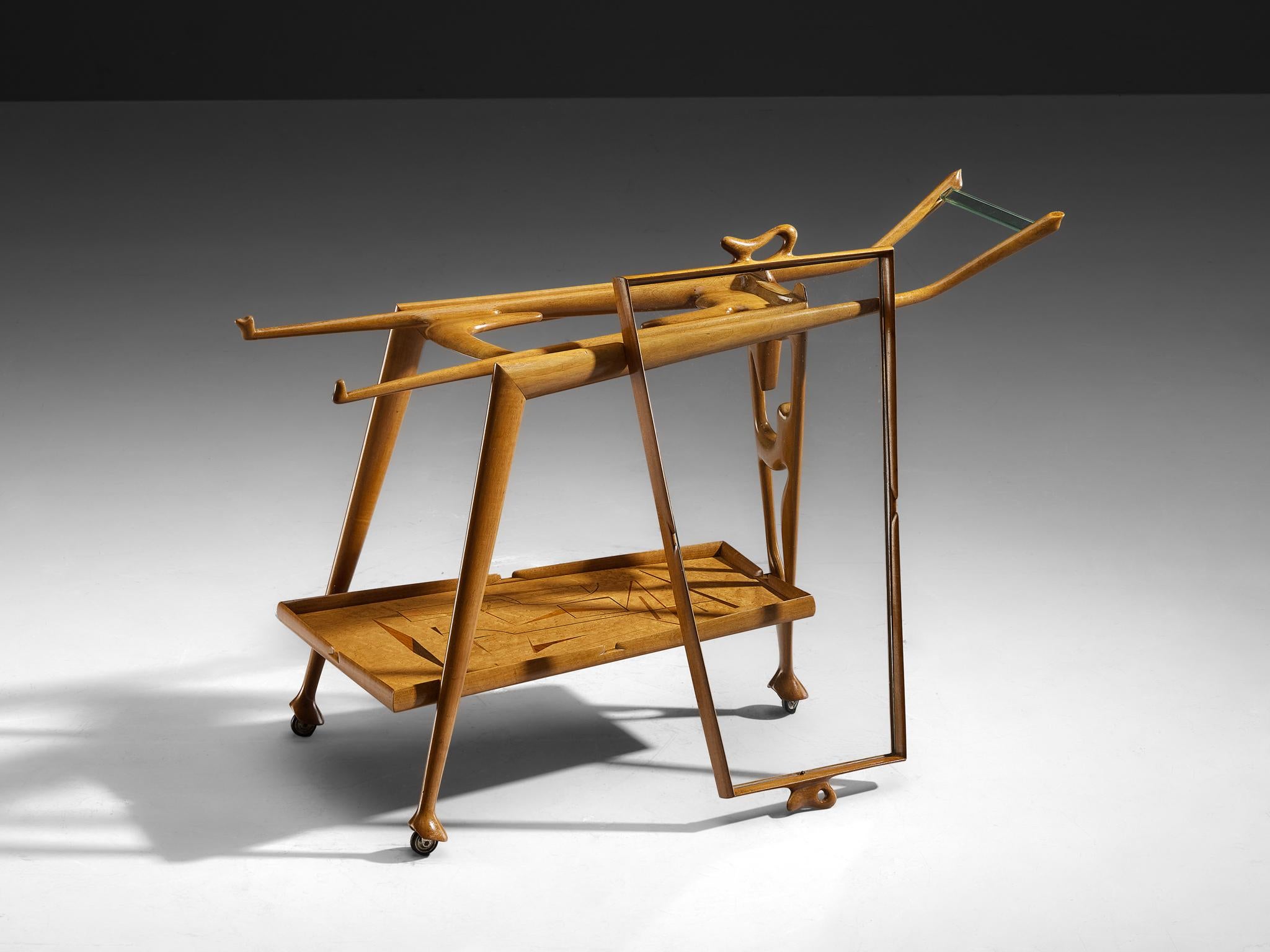 Raro carrello bar scultoreo di Ivo Maretti in noce e vetro cristallo in vendita 2