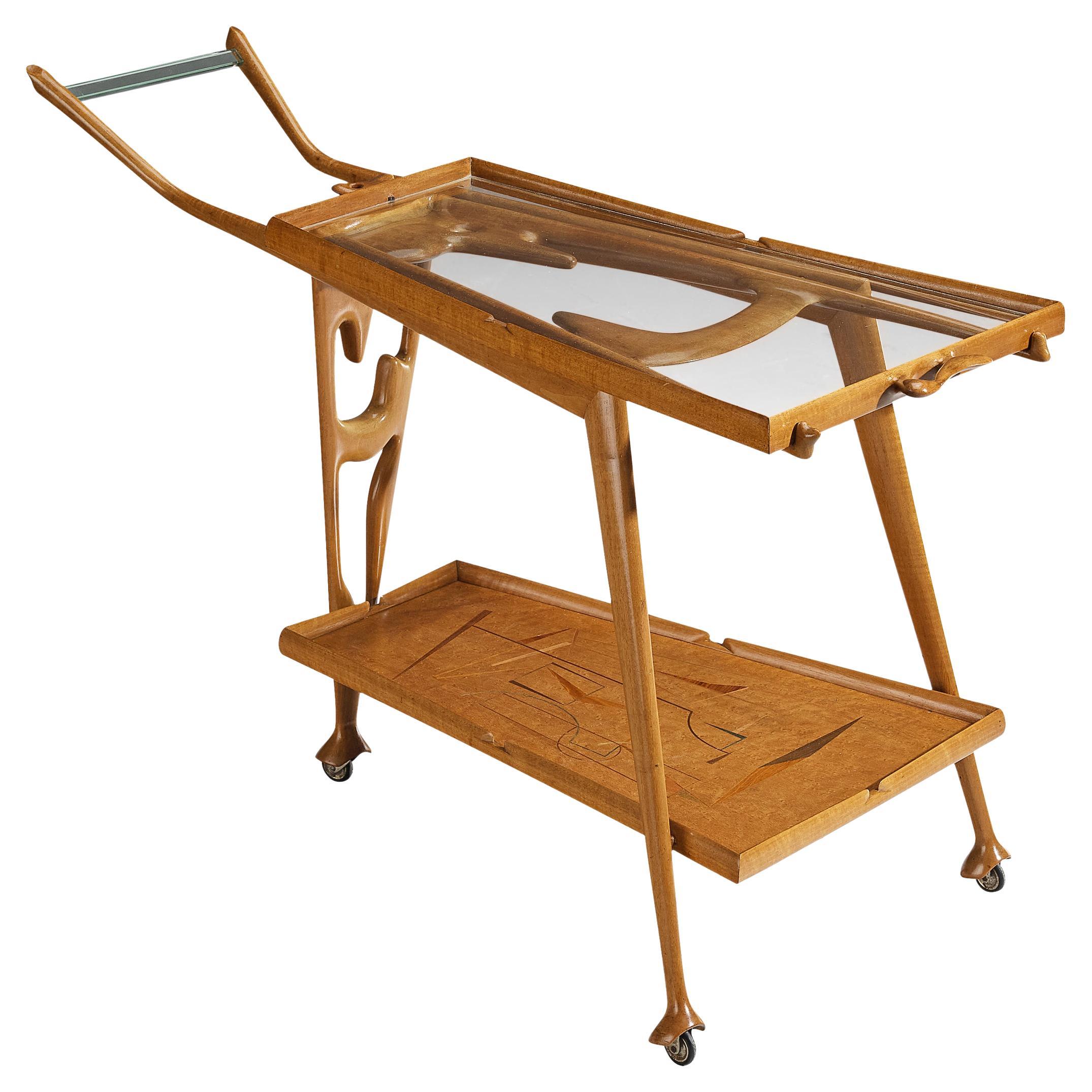 Raro carrello bar scultoreo di Ivo Maretti in noce e vetro cristallo in vendita