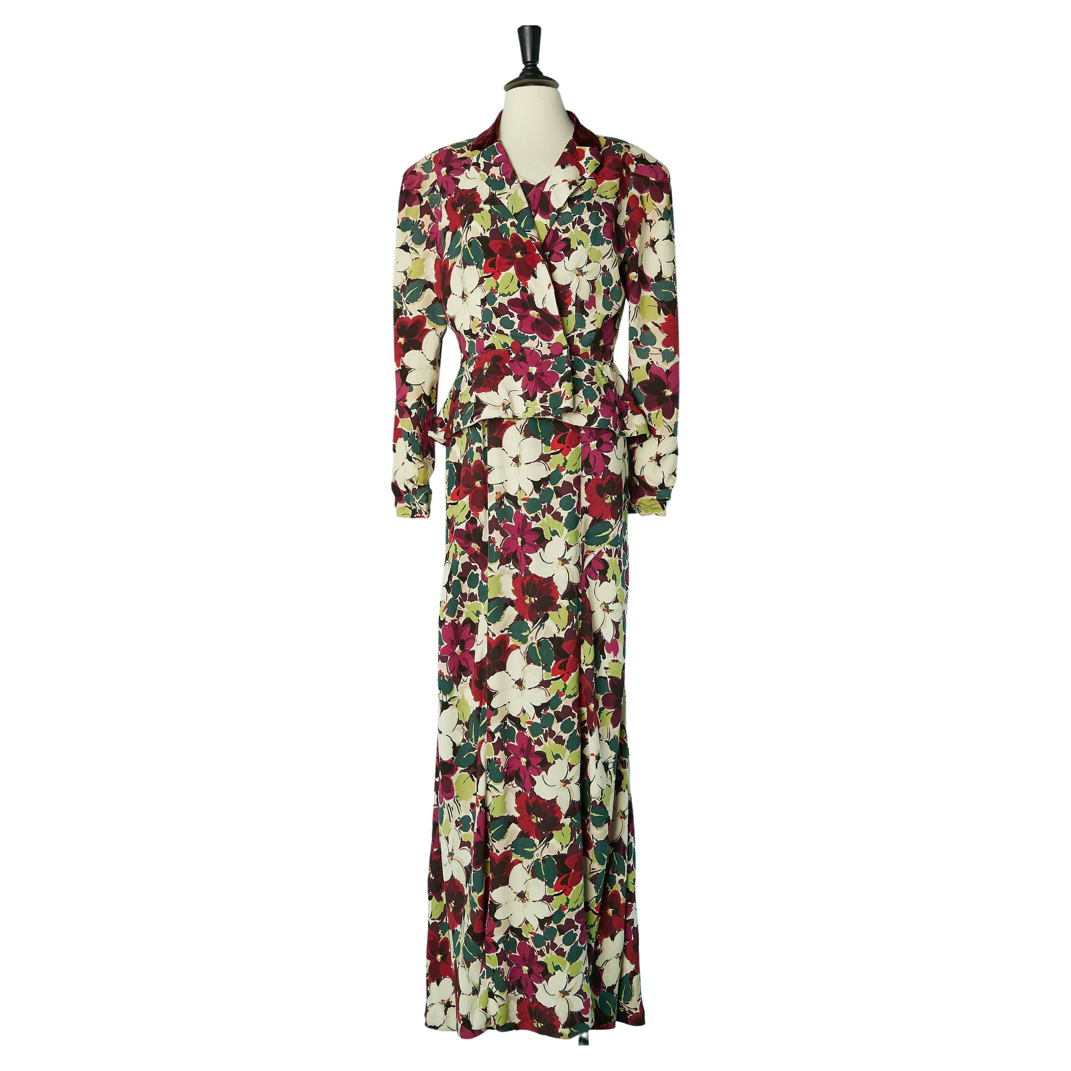 Rare ensemble veste et robe en crêpe avec imprimé floral  Lucien Lelong des années 1930  en vente