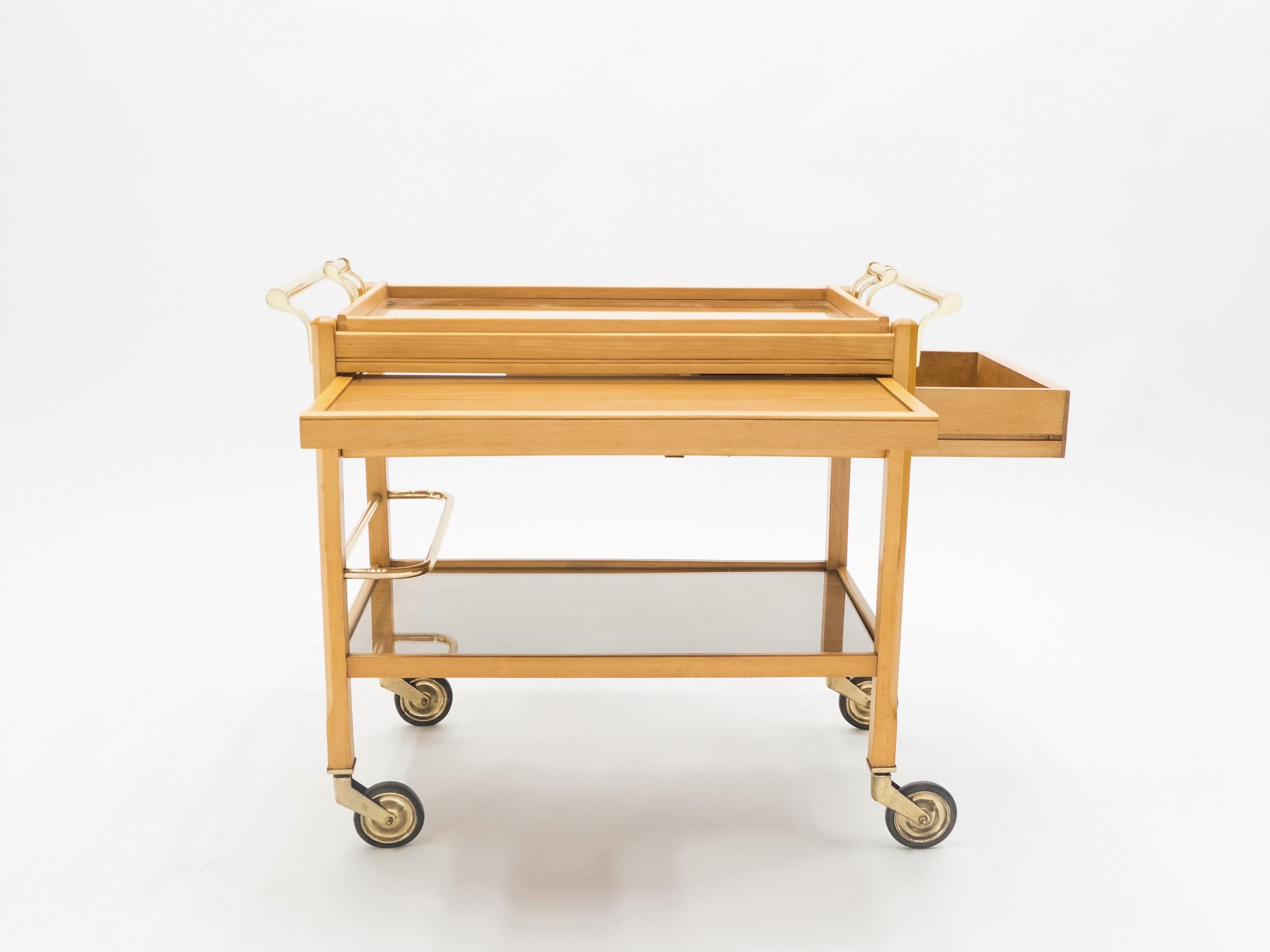 Raro carrello da bar in ottone e legno di faggio di Jacques Adnet, anni '40 in vendita 5