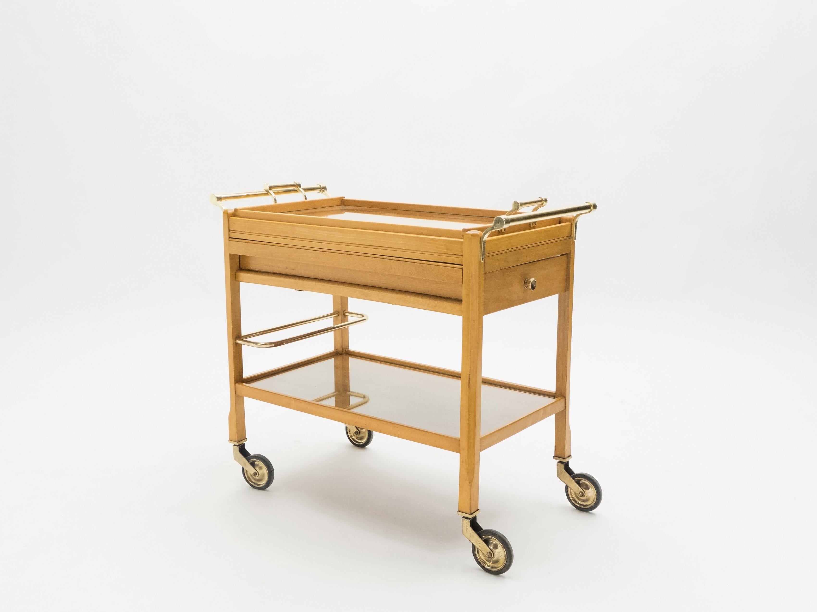 Raro carrello da bar in ottone e legno di faggio di Jacques Adnet, anni '40 in vendita 9