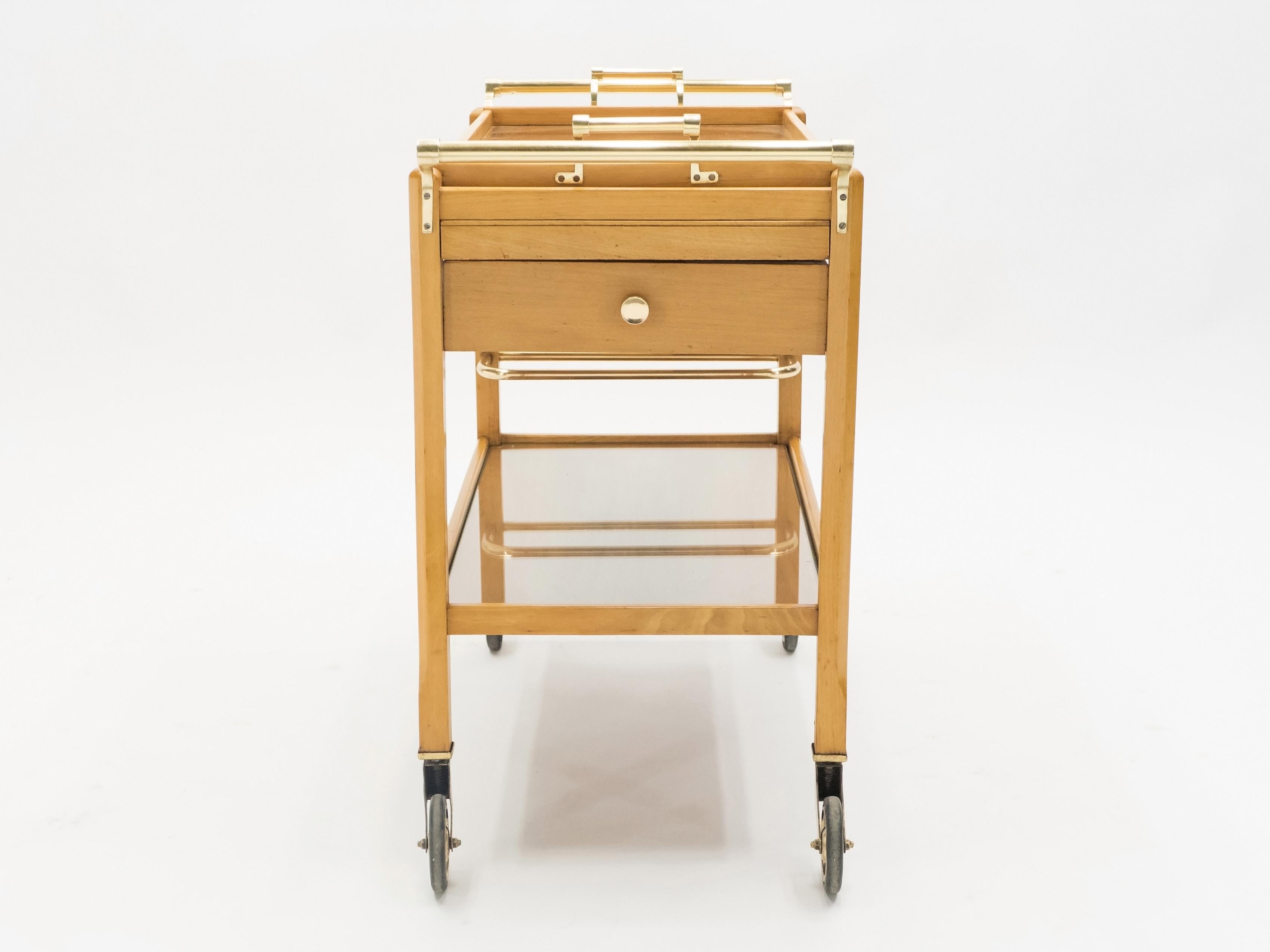 Mid-20th Century Rare Jacques Adnet Art Deco Beechwood Brass Bar Cart Trolley, 1940s For Sale