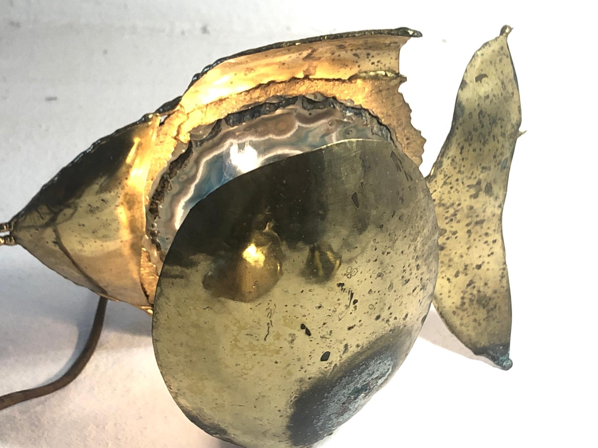 Fin du 20e siècle Rare Jacques Duval-Brasseur Sculpture de poisson en bronze et agate & Lampe:: 1970:: Italie en vente