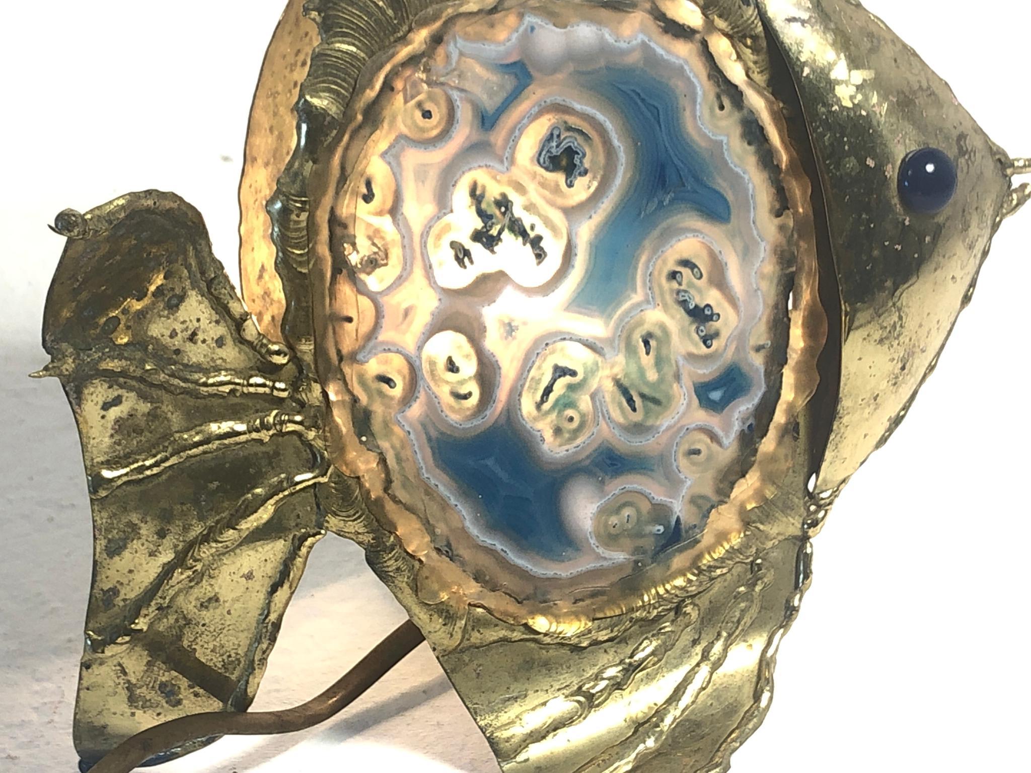 Bronze Rare Jacques Duval-Brasseur Sculpture de poisson en bronze et agate & Lampe:: 1970:: Italie en vente