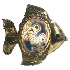 Rare Jacques Duval-Brasseur Sculpture de poisson en bronze et agate & Lampe:: 1970:: Italie