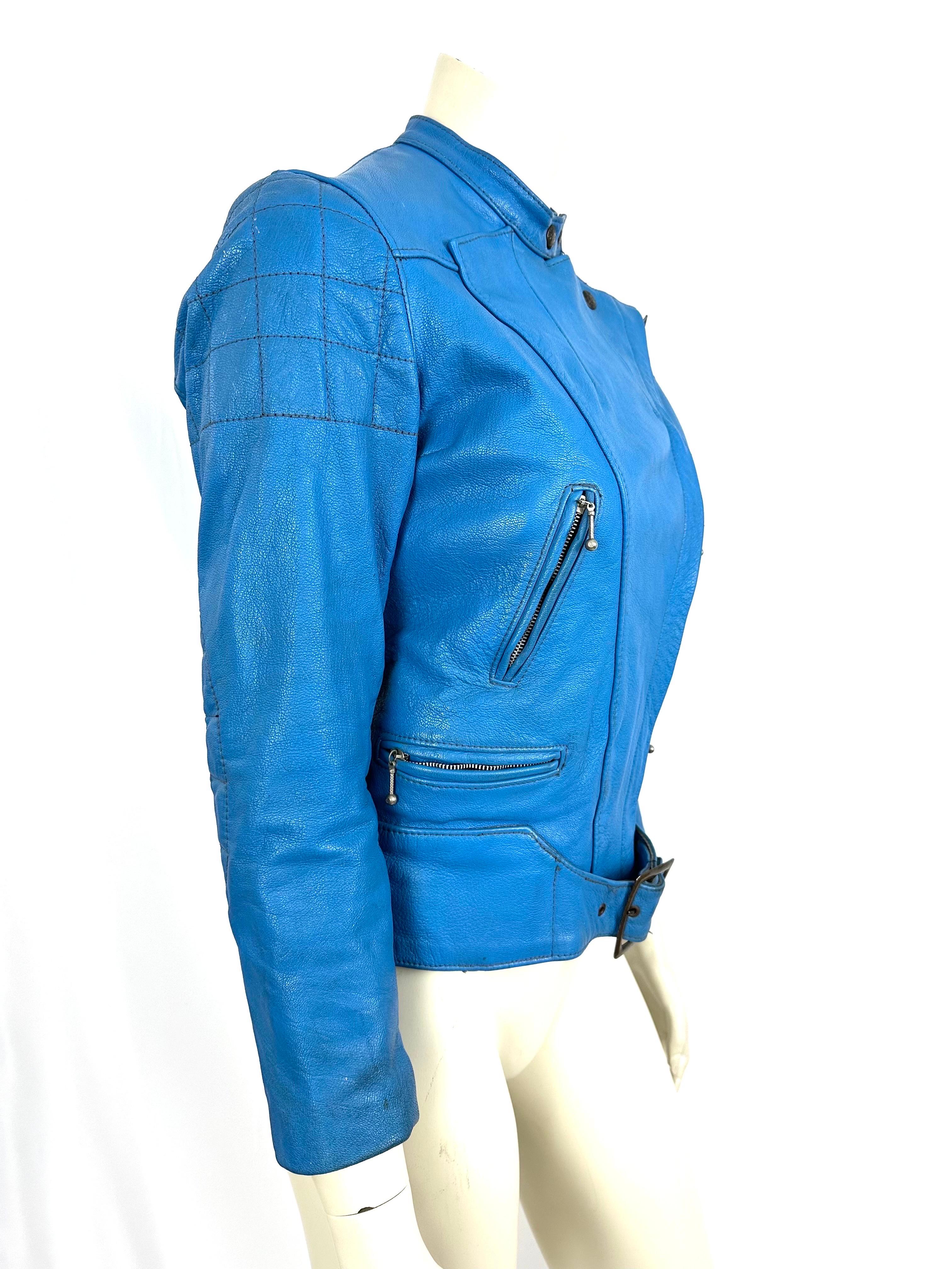 Bleu Jacques Icek - Rare veste en cuir de motard des années 70 en vente