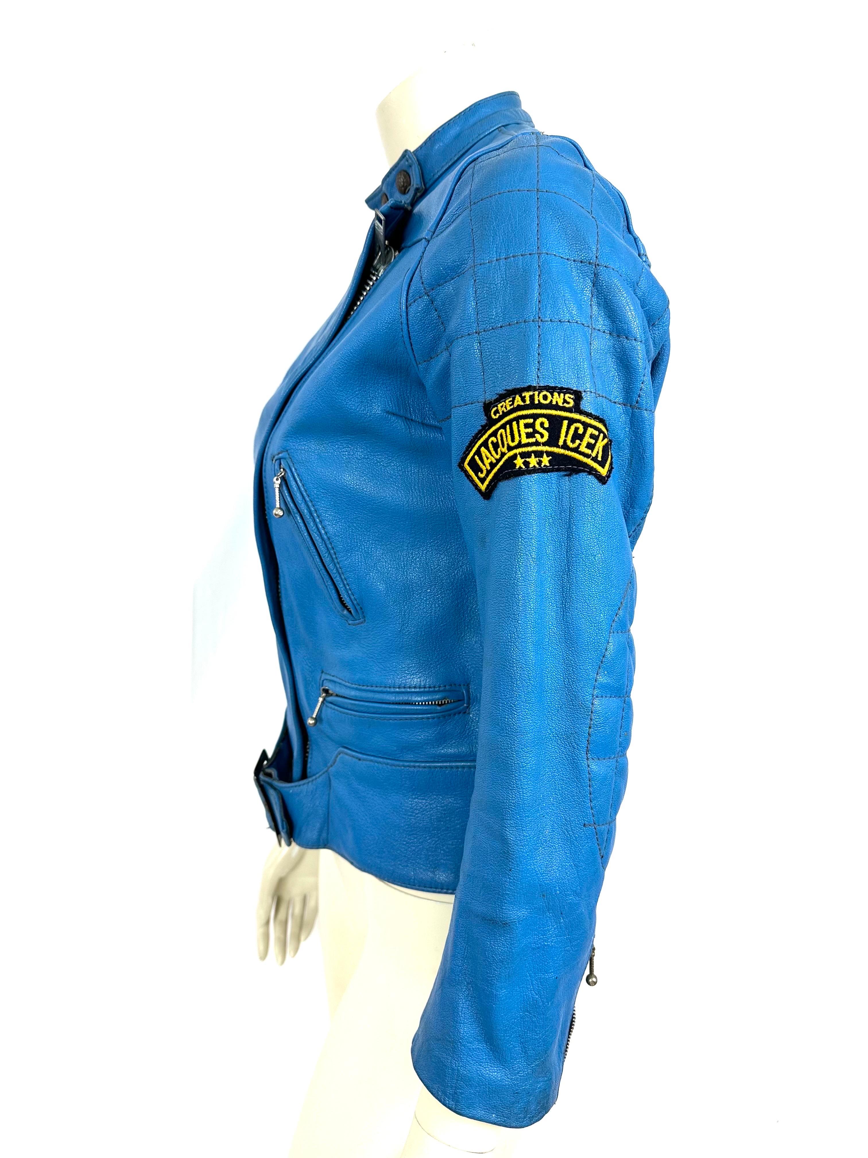 Blue Rare Jacques Icek biker leather jacket from the 70s For Sale