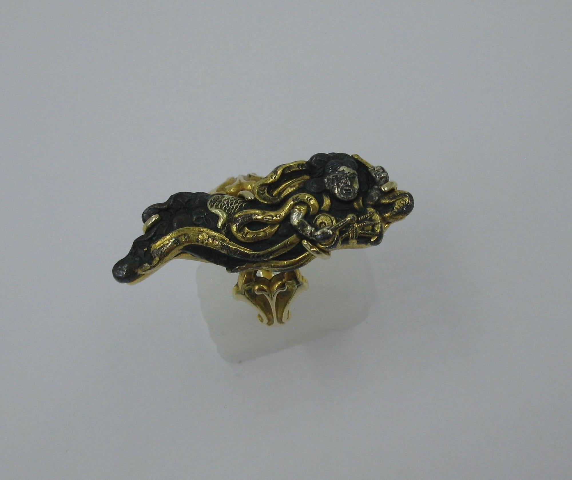 Aesthetic Movement Rare Japan Shakudo Ring Woman Musician 14 Karat Gold Antique Victorian, 1870