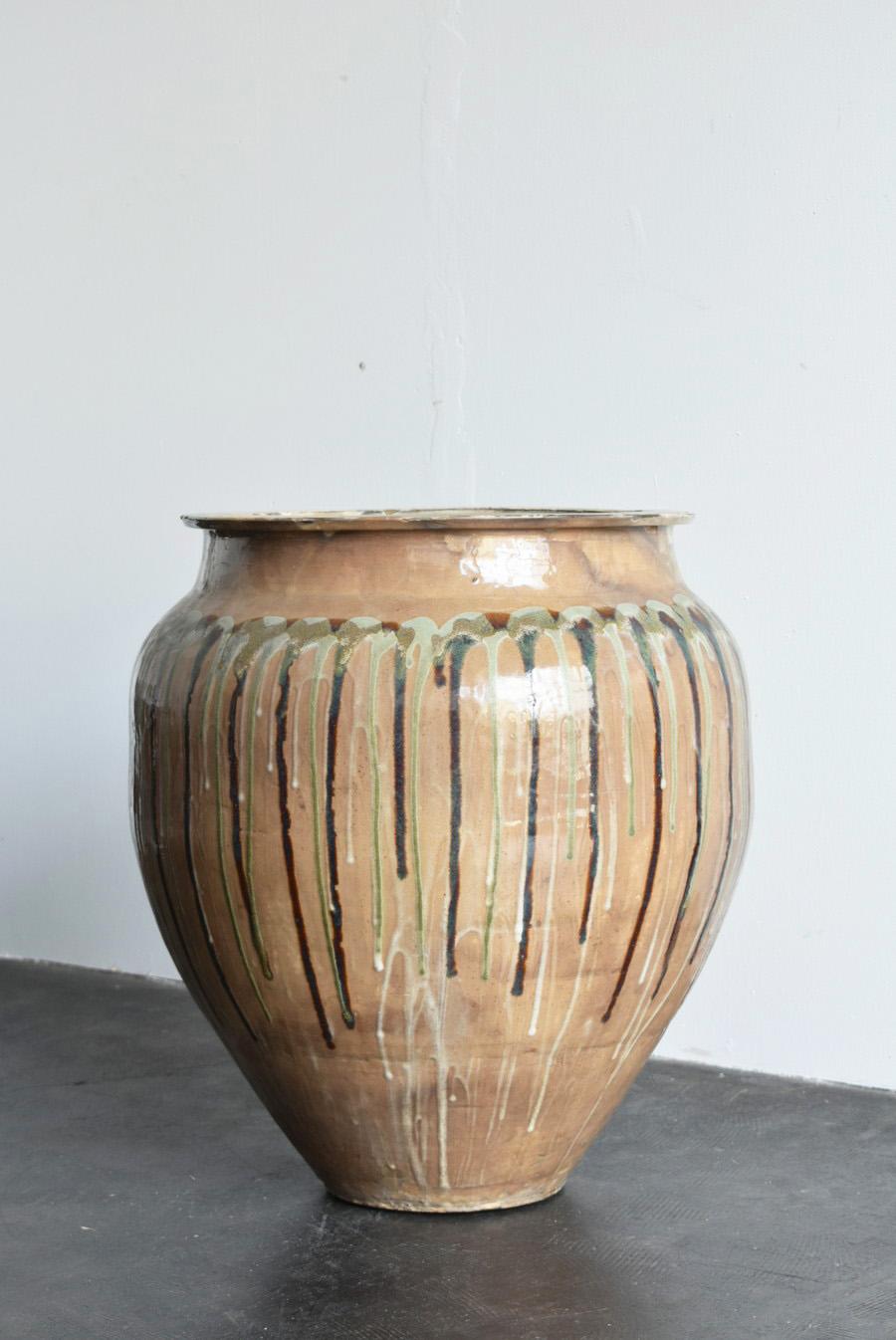 Glazed Rare Japanese Antique Pottery Large Jar/1868-1920/Beautiful Glaze Plante