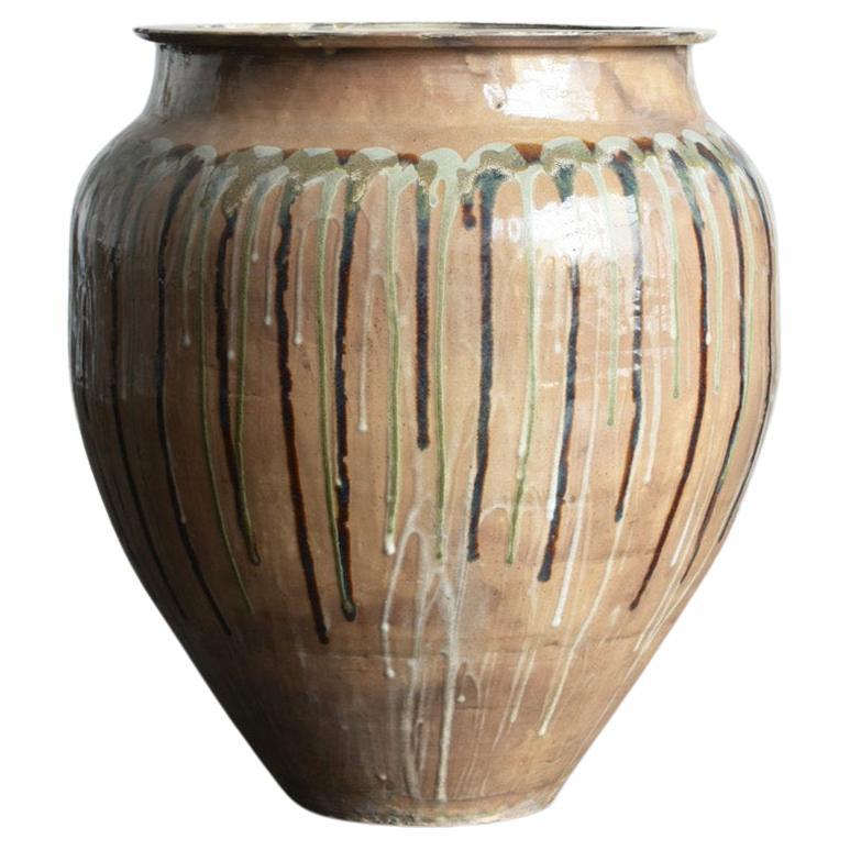 Rare Japanese Antique Pottery Large Jar/1868-1920/Beautiful Glaze Plante