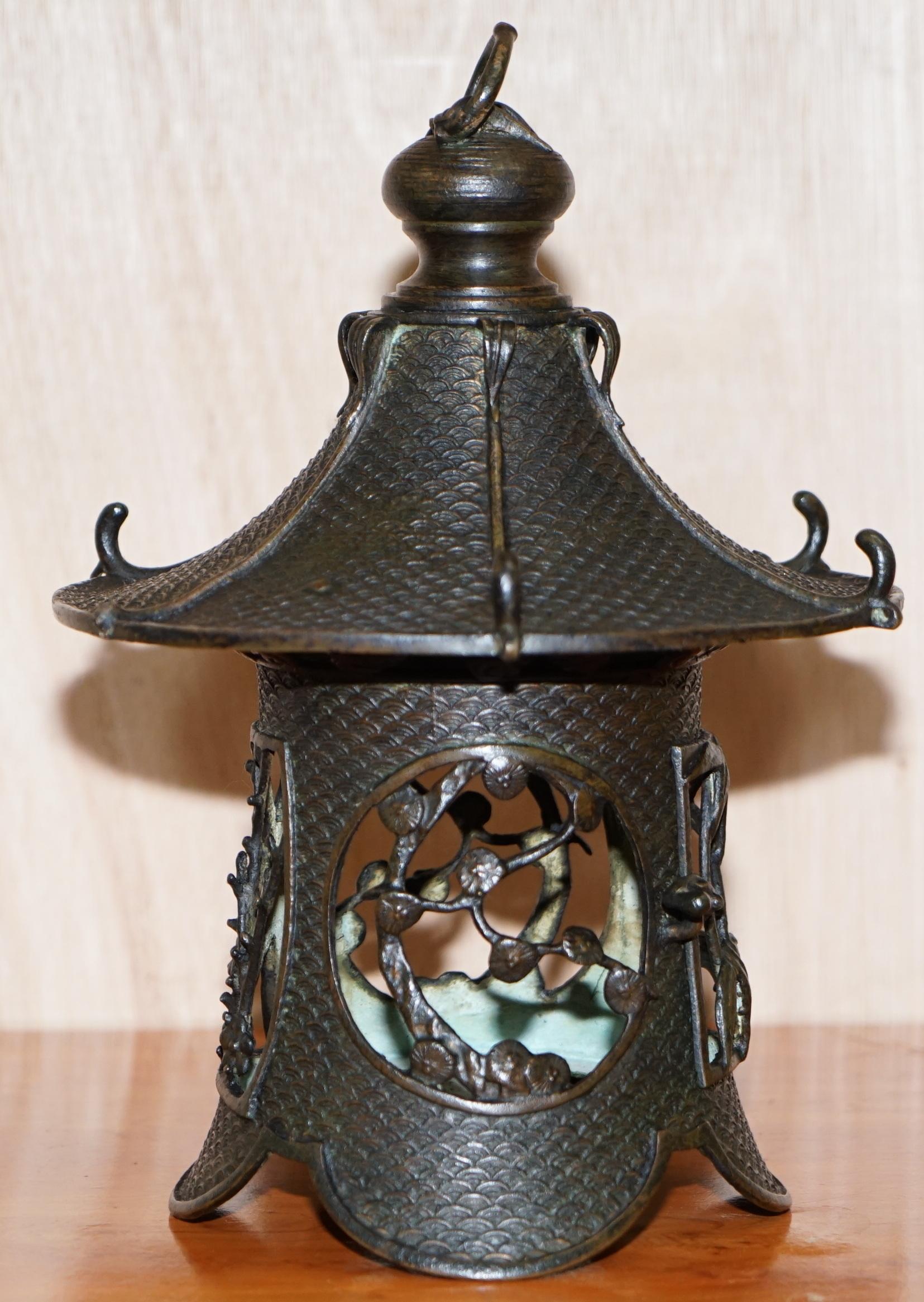Rare Japanese Bronze circa 1930 Hanging Lantern Decorated with Floral Scenes 6