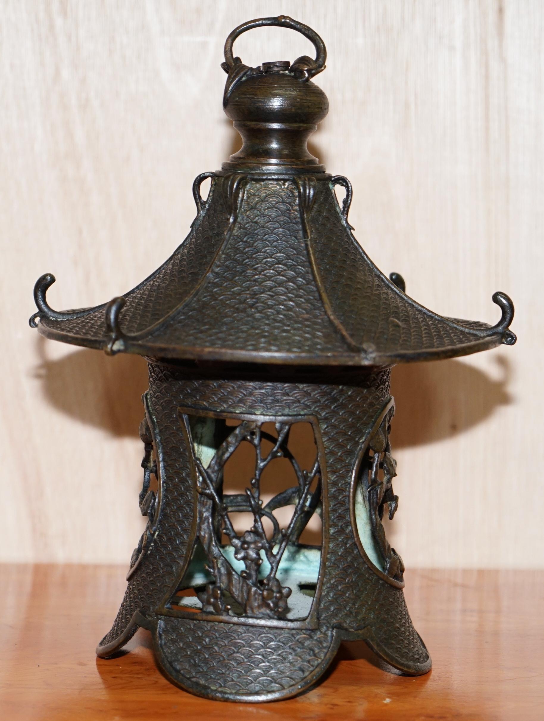 Rare Japanese Bronze circa 1930 Hanging Lantern Decorated with Floral Scenes 7