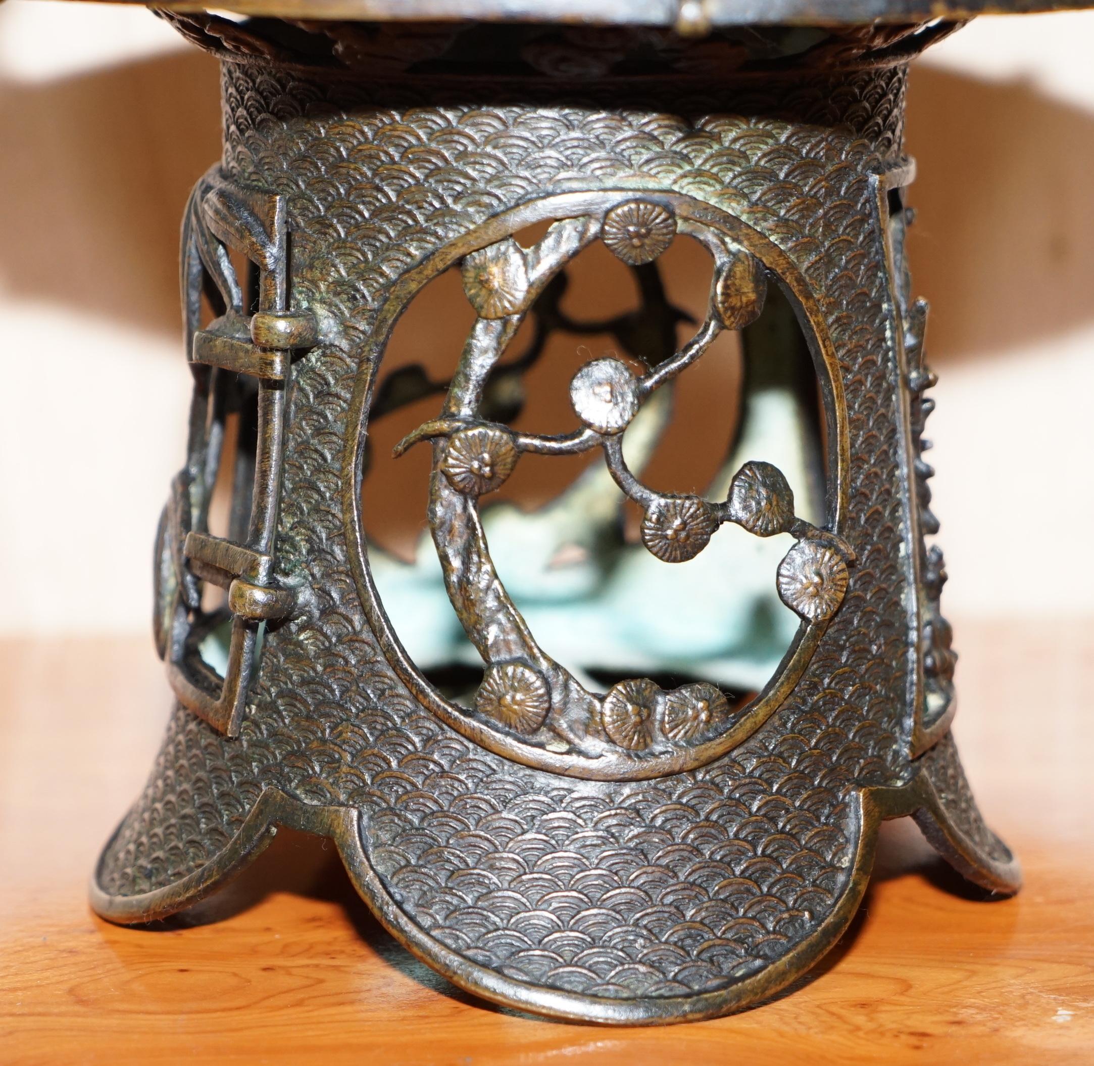 Rare Japanese Bronze circa 1930 Hanging Lantern Decorated with Floral Scenes 8