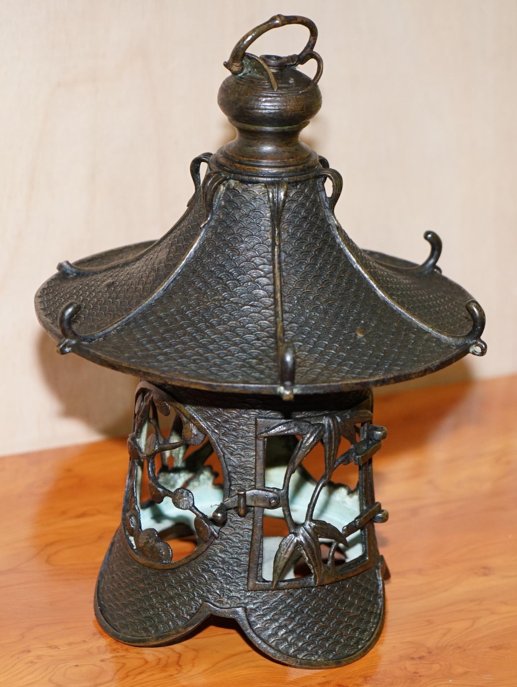 Modern Rare Japanese Bronze circa 1930 Hanging Lantern Decorated with Floral Scenes
