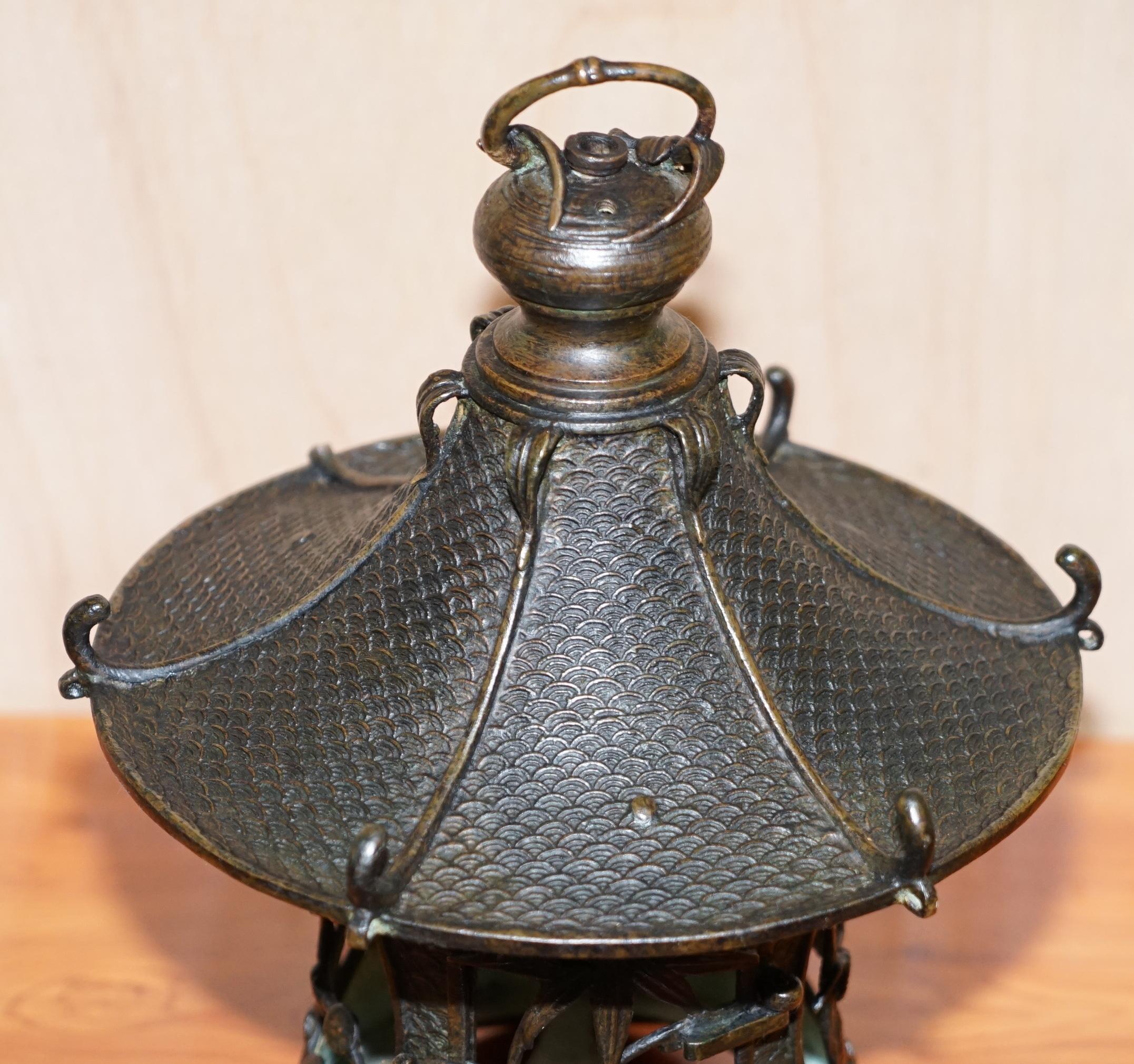 Mid-20th Century Rare Japanese Bronze circa 1930 Hanging Lantern Decorated with Floral Scenes