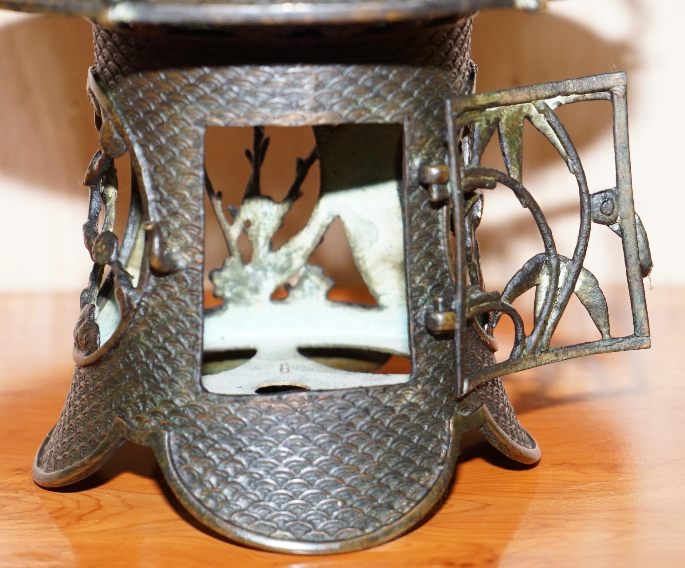 Rare Japanese Bronze circa 1930 Hanging Lantern Decorated with Floral Scenes 4