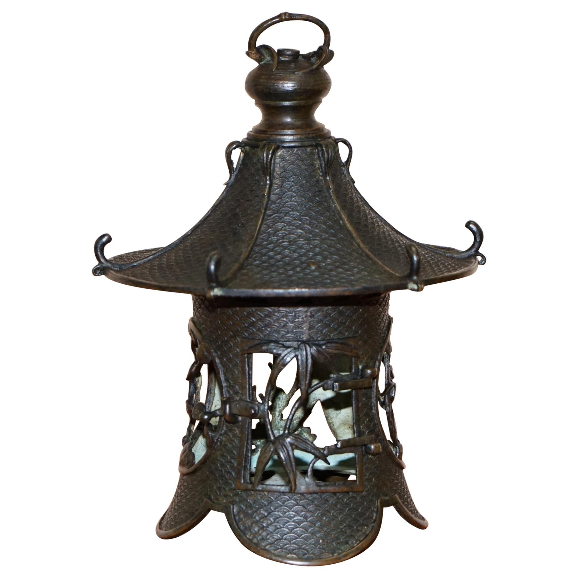 Rare Japanese Bronze circa 1930 Hanging Lantern Decorated with Floral Scenes