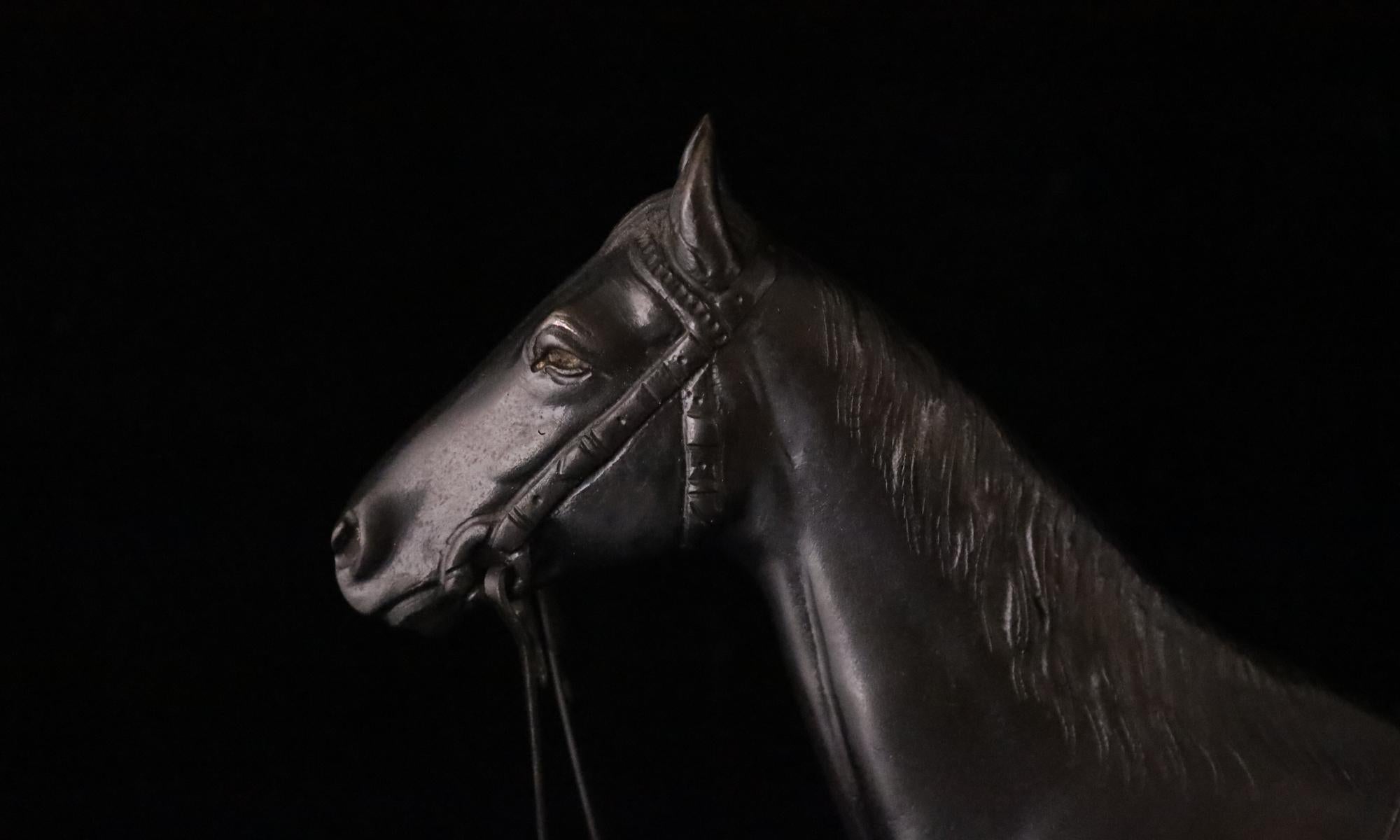Una splendida scultura di cavallo giapponese in bronzo realizzata dal famoso artista della lavorazione dei metalli Ishizaki Shūhō (石崎秀峰). Questo pezzo elegante incarna la grazia e la forza del cavallo, simbolo di potere, perseveranza e libertà nella
