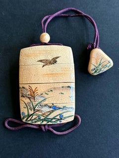 Rare Japanese Ceramic Glazed Inro with Ojime and Netsuke Ogata Kenzan Edo Period